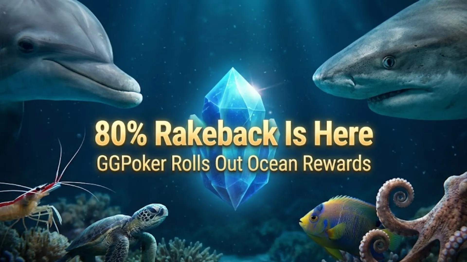 GGPoker Ocean Rewards promotion cover image showing underwater animals including a shark, dolphin, and octopus surrounding a glowing gem with text "80% Rakeback Is Here".