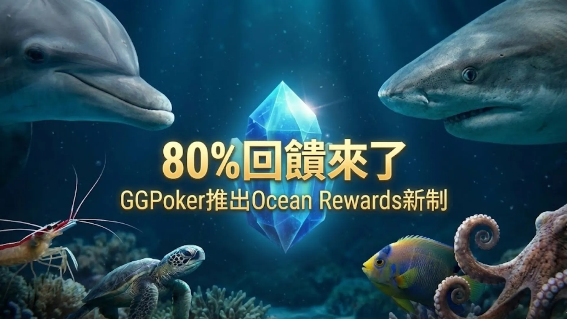 GGPoker Ocean Rewards 宣傳封面圖，顯示鯊魚、海豚和章魚等海底動物圍繞著發光寶石，文字顯示「80%回饋來了」。