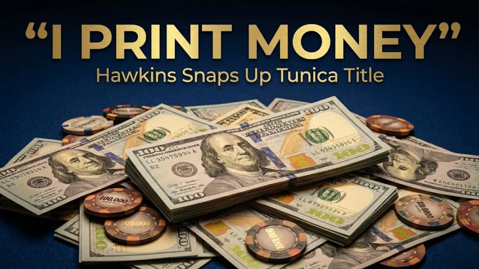 Maurice Hawkins 22nd WSOP Circuit ring victory cover image featuring piles of cash and "I Print Money" quote.