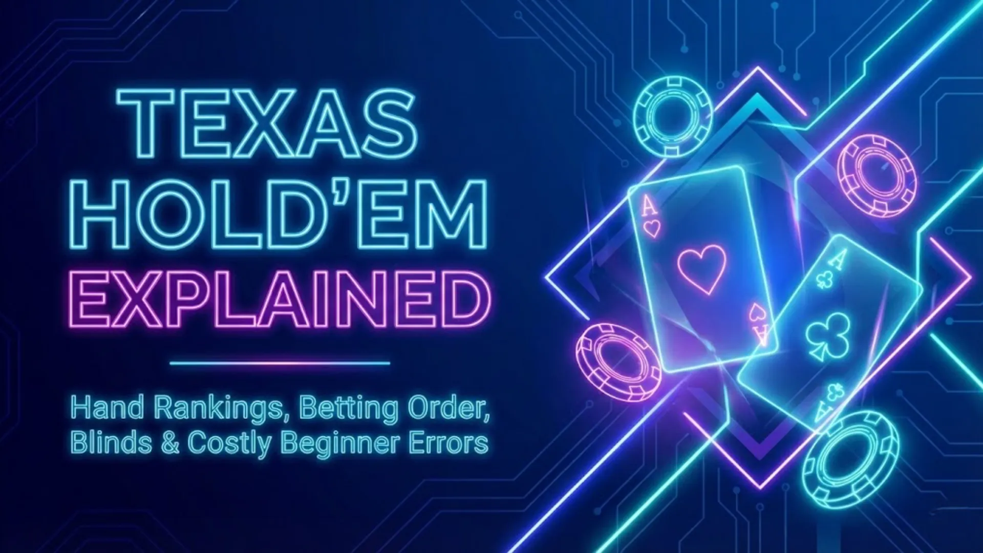 Neon style cover image for the "Texas Hold'em Explained" guide, featuring glowing Ace of Hearts and Ace of Clubs cards and poker chips against a blue circuit board background, detailing hand rankings, betting order, blinds, and beginner errors.