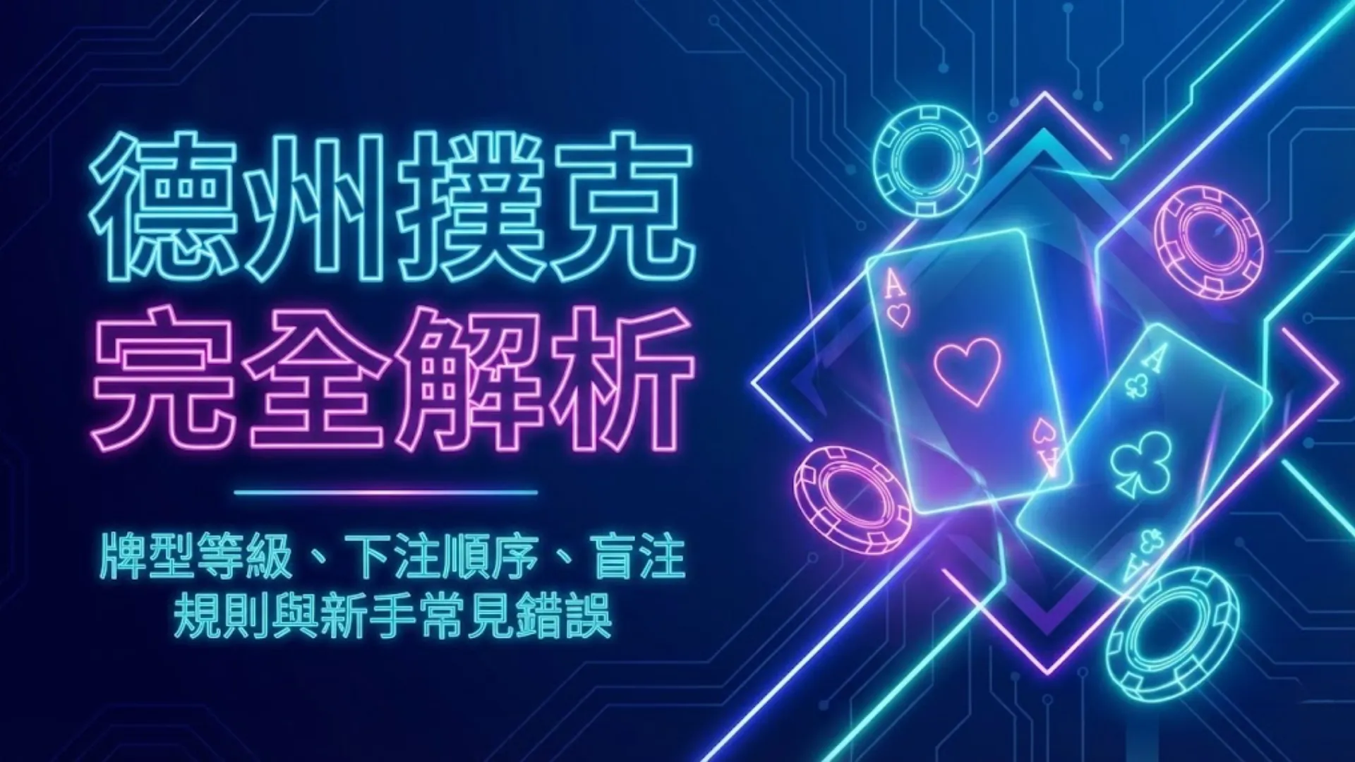 霓虹燈風格的「德州撲克完全解析」指南封面圖，背景為藍色電路板，圖中有發光的紅心A和梅花A撲克牌及籌碼，內容涵蓋牌型等級、下注順序、盲注規則與新手常見錯誤。