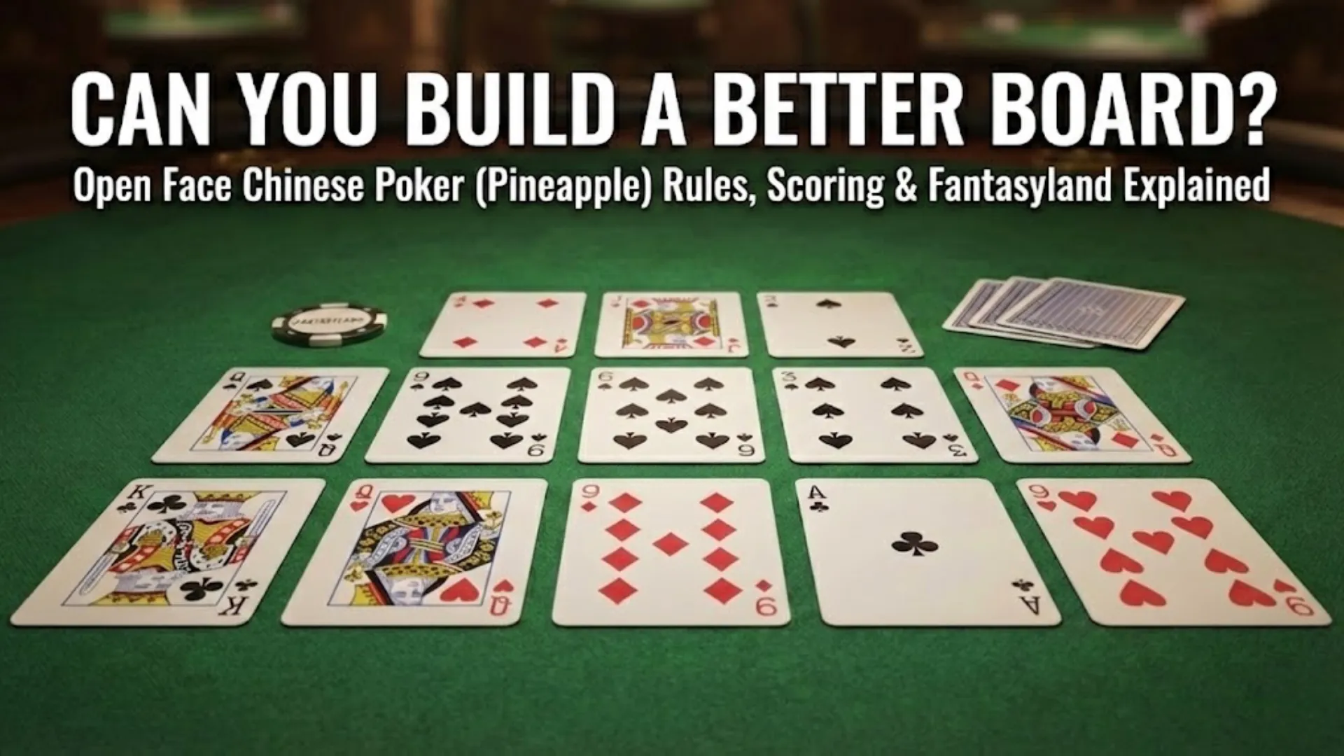 PokerOffer cover image for Open Face Chinese Poker (OFC Pineapple) guide showing a 13-card layout on a green felt table with the text "Can You Build a Better Board?"