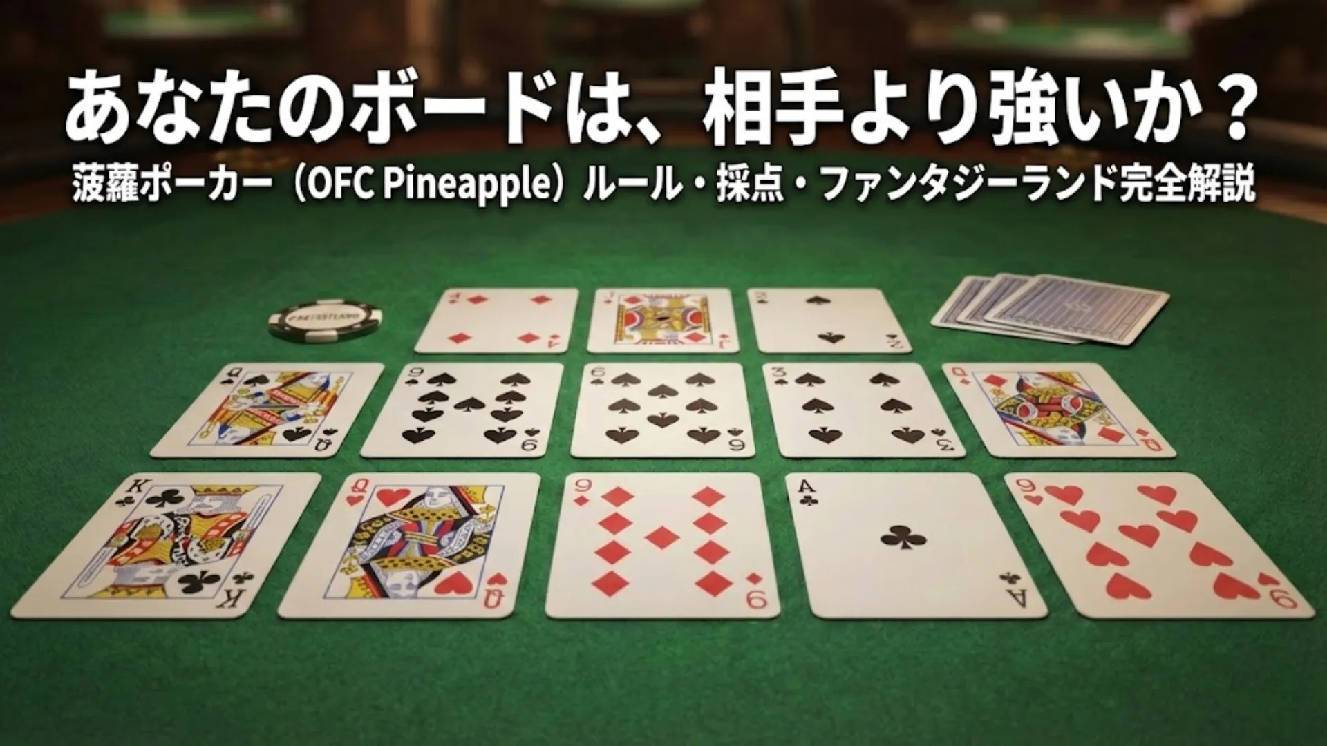 PokerOfferの菠蘿ポーカー（OFC Pineapple）ガイドカバー画像。緑のテーブルに13枚のカードを配置し、「あなたのボードは、相手より強いか？」というテキストを表示
