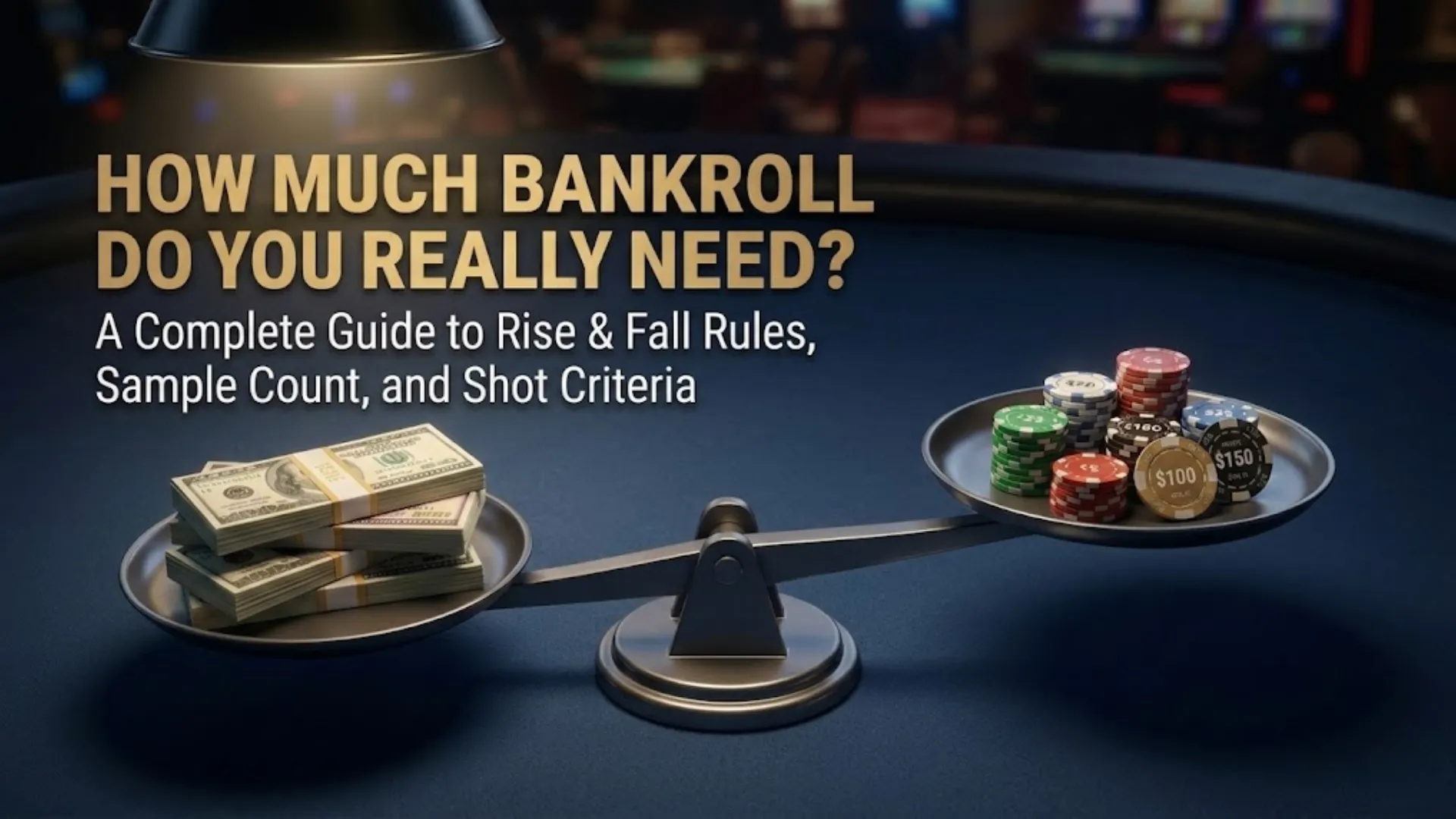 Image illustrating bankroll management in poker using a balance scale with money and chips.
