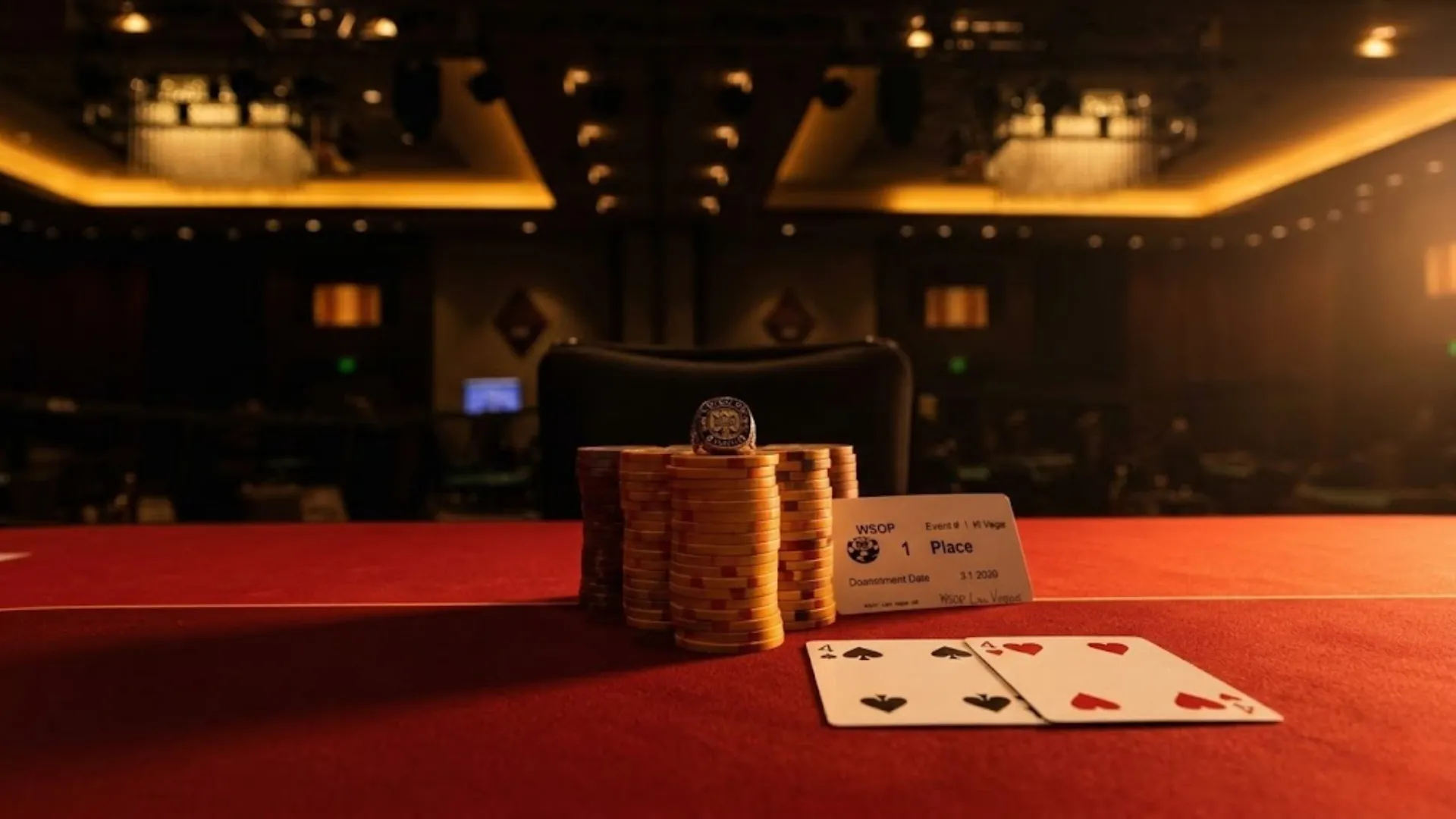 Detail shot of WSOP champion ring, stacked poker chips, "1 Place" card, and pocket 4s (4h 4s) hand on a red felt table.
