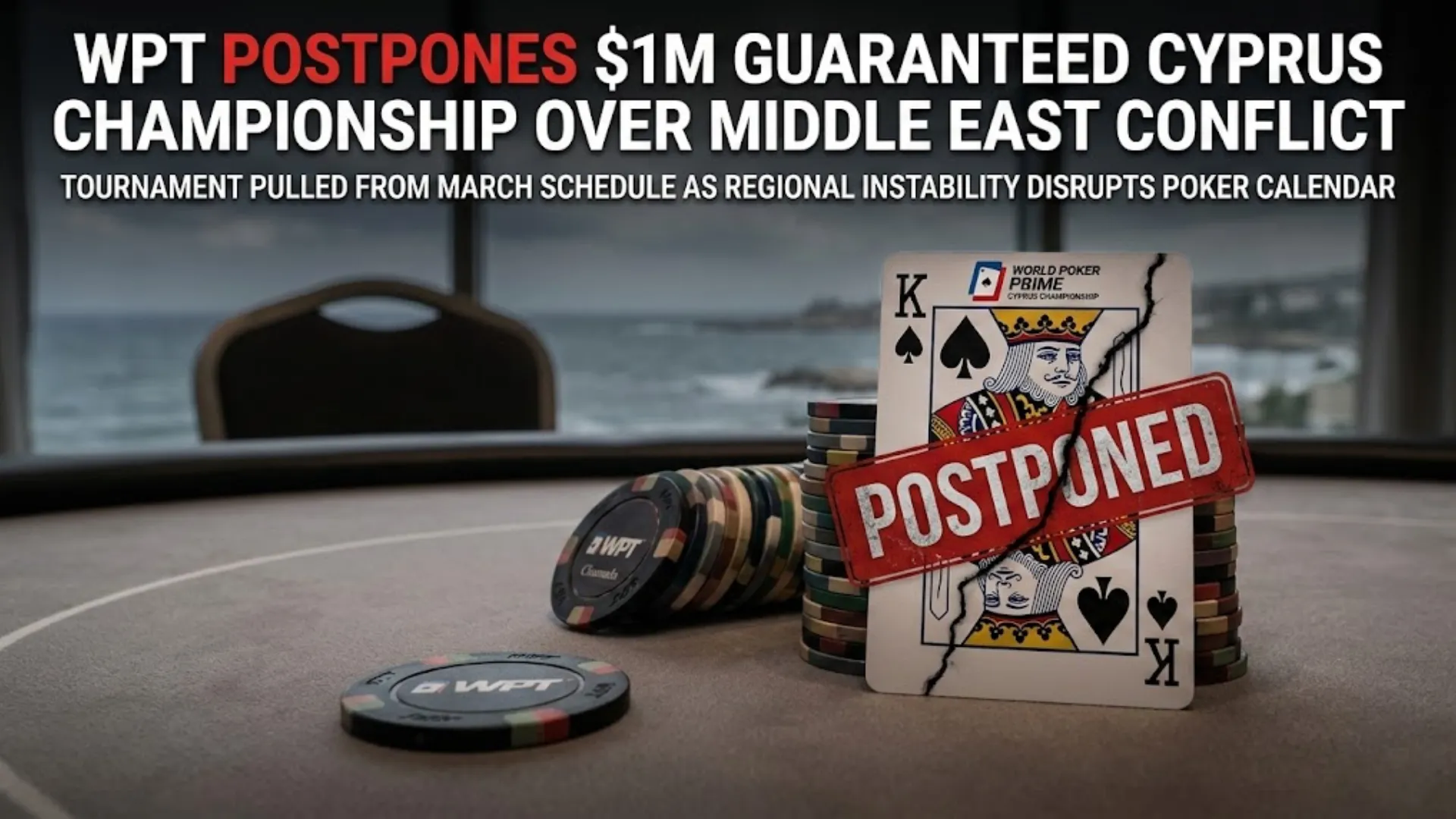 A cracked King of Spades poker card with a red POSTPONED stamp on a poker table overlooking the Cyprus coast.