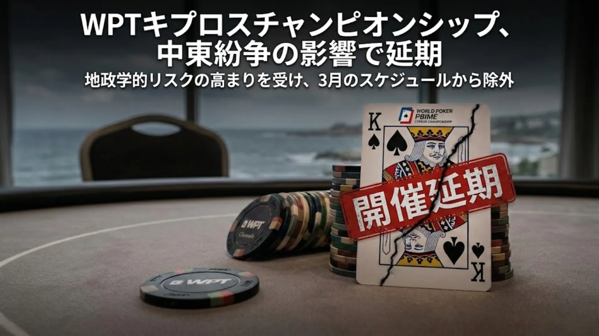 キプロスの海岸を背景にしたポーカーテーブルの上に、赤字で「開催延期」とスタンプされた裂けたスペードのキング。