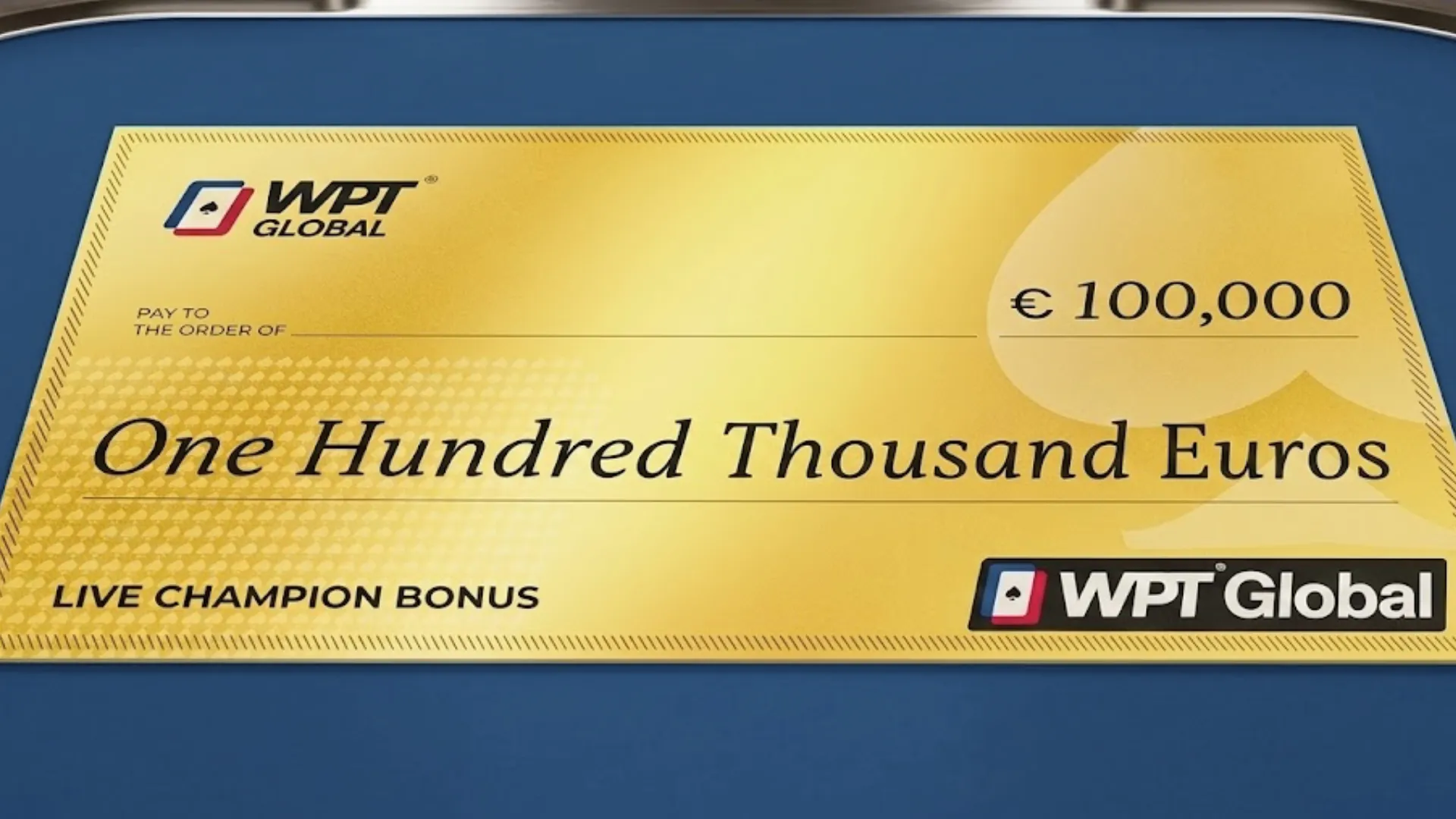 WPT Global €100,000 Live Champion Bonus巨型支票展示於撲克桌上
