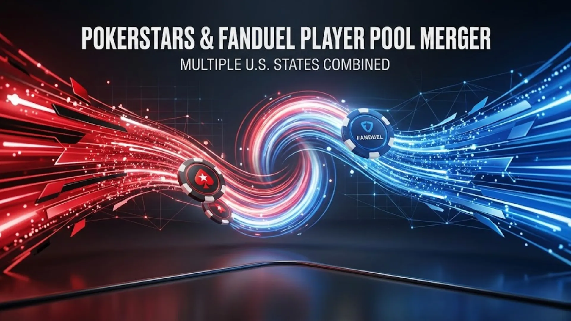 Dynamic visual of a PokerStars and FanDuel player pool merger. Red and blue energy vortexes merge with poker chips to announce shared player pools across multiple US states.