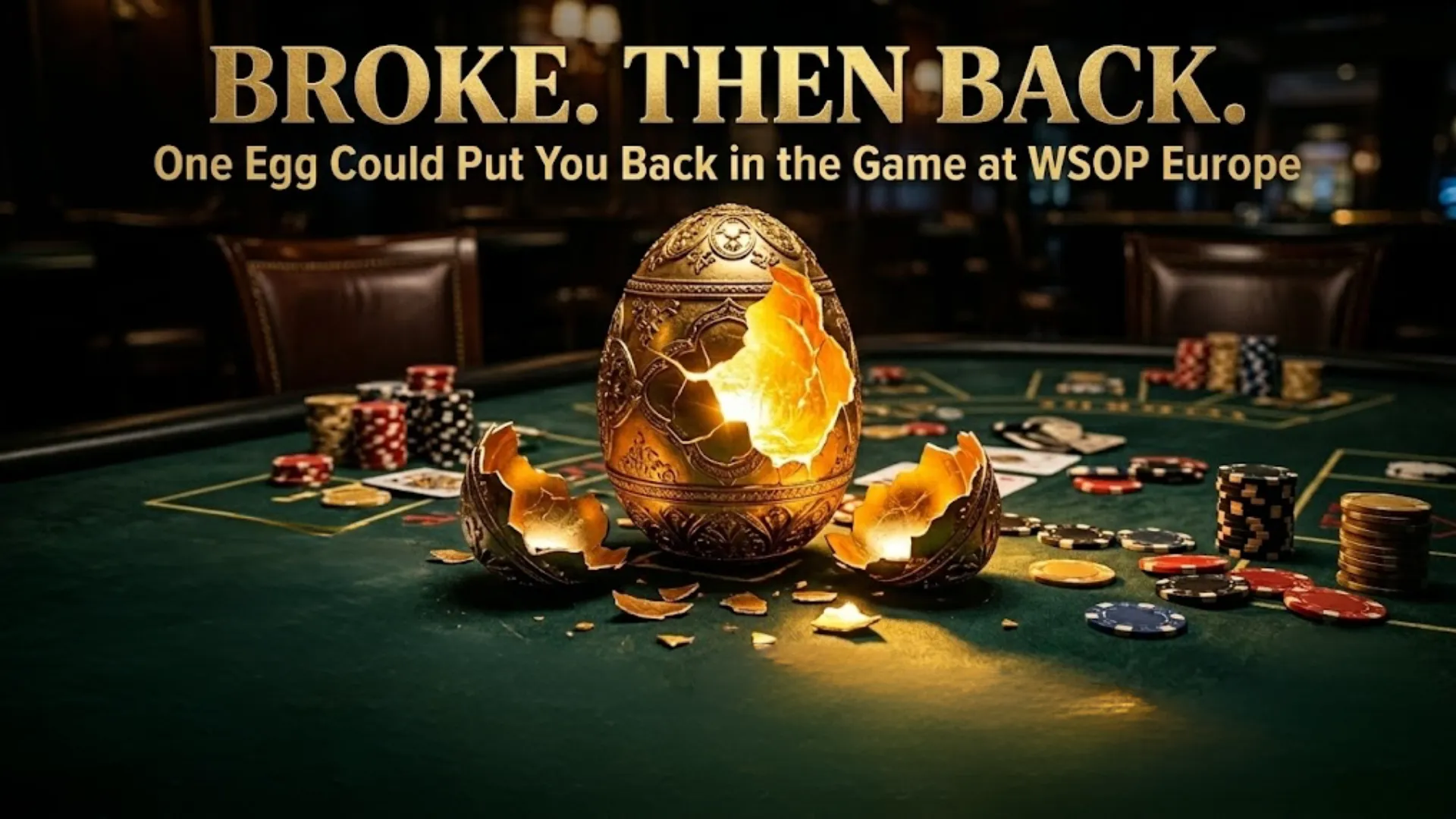 Detailed close-up view of a cracked, glowing gold egg on a felt poker table with scattered official WSOP Europe poker chips and playing cards.