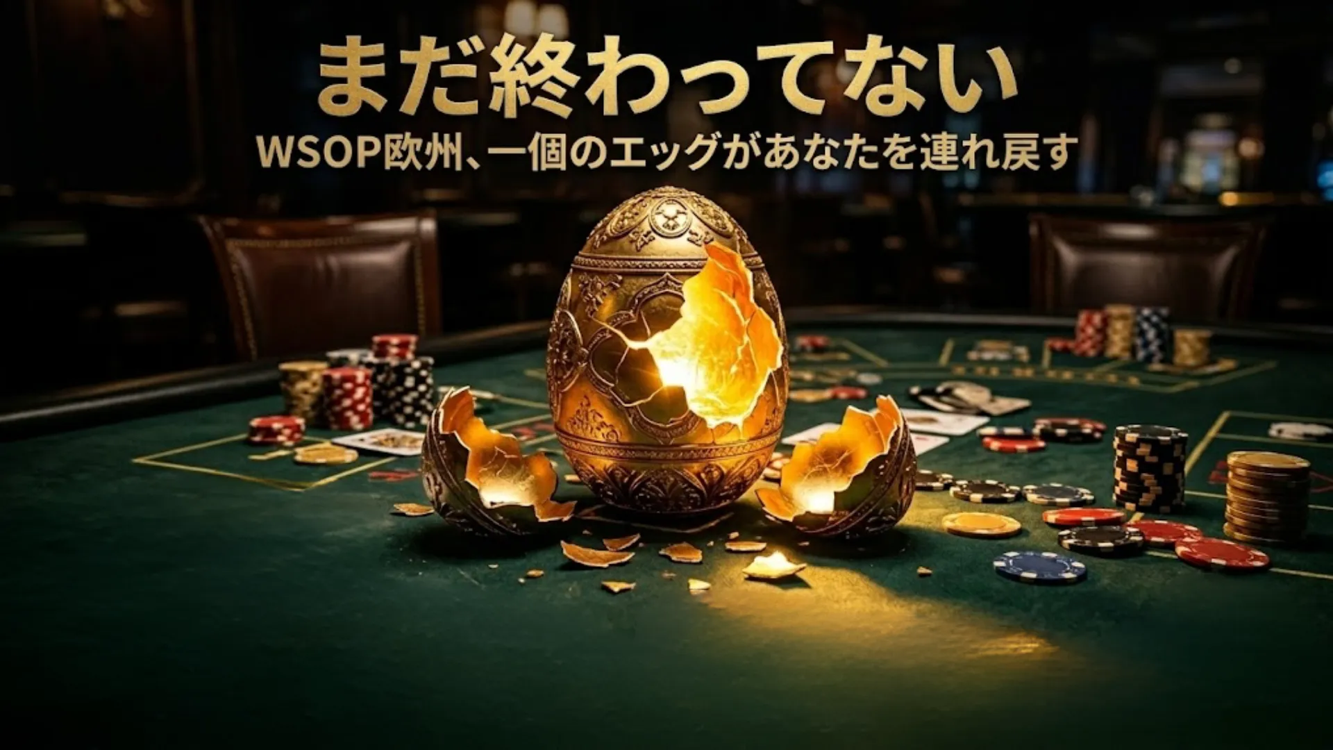 精巧に破れた、輝く金色の卵、ポーカーテーブルの上に散らばった公式の WSOP ヨーロッパのチップとカード。