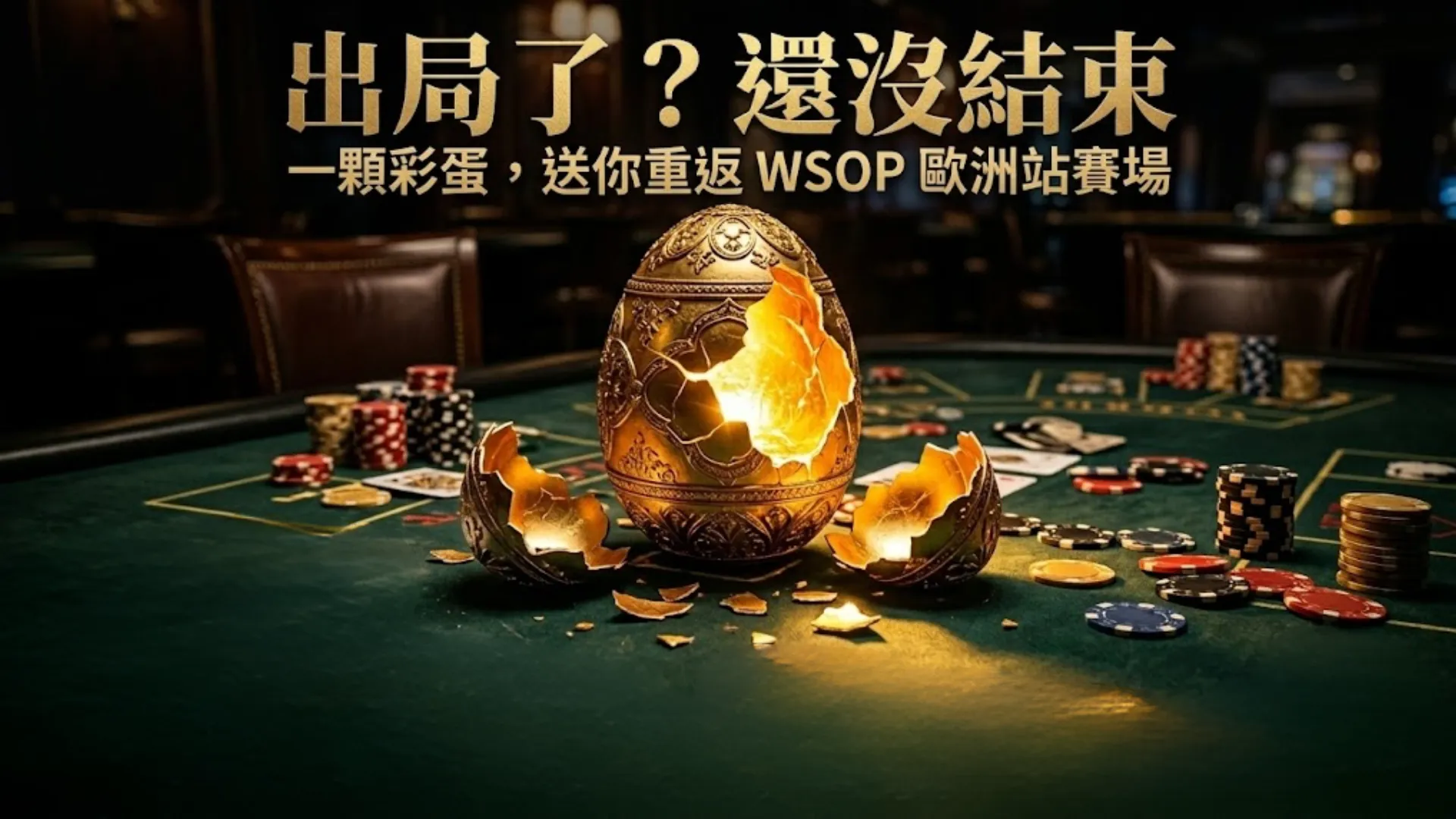 撲克桌上精緻的破裂發光金蛋，周圍散落著官方 WSOP 歐洲站撲克籌碼和撲克牌。