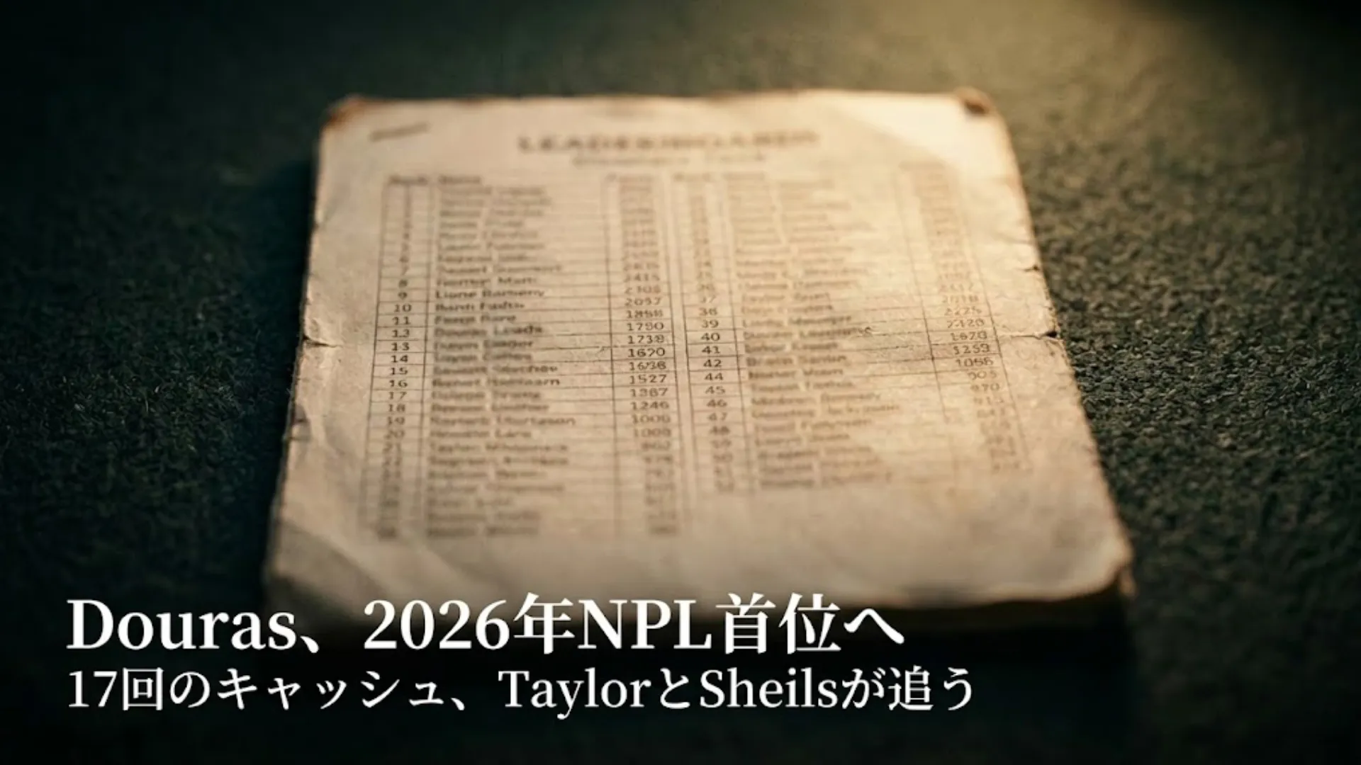 ダークなポーカーフェルトの上に置かれた古びたリーダーボード、Robert Dourasが186.03ポイントで2026年ナショナルポーカーリーグ首位に立つ様子を表す