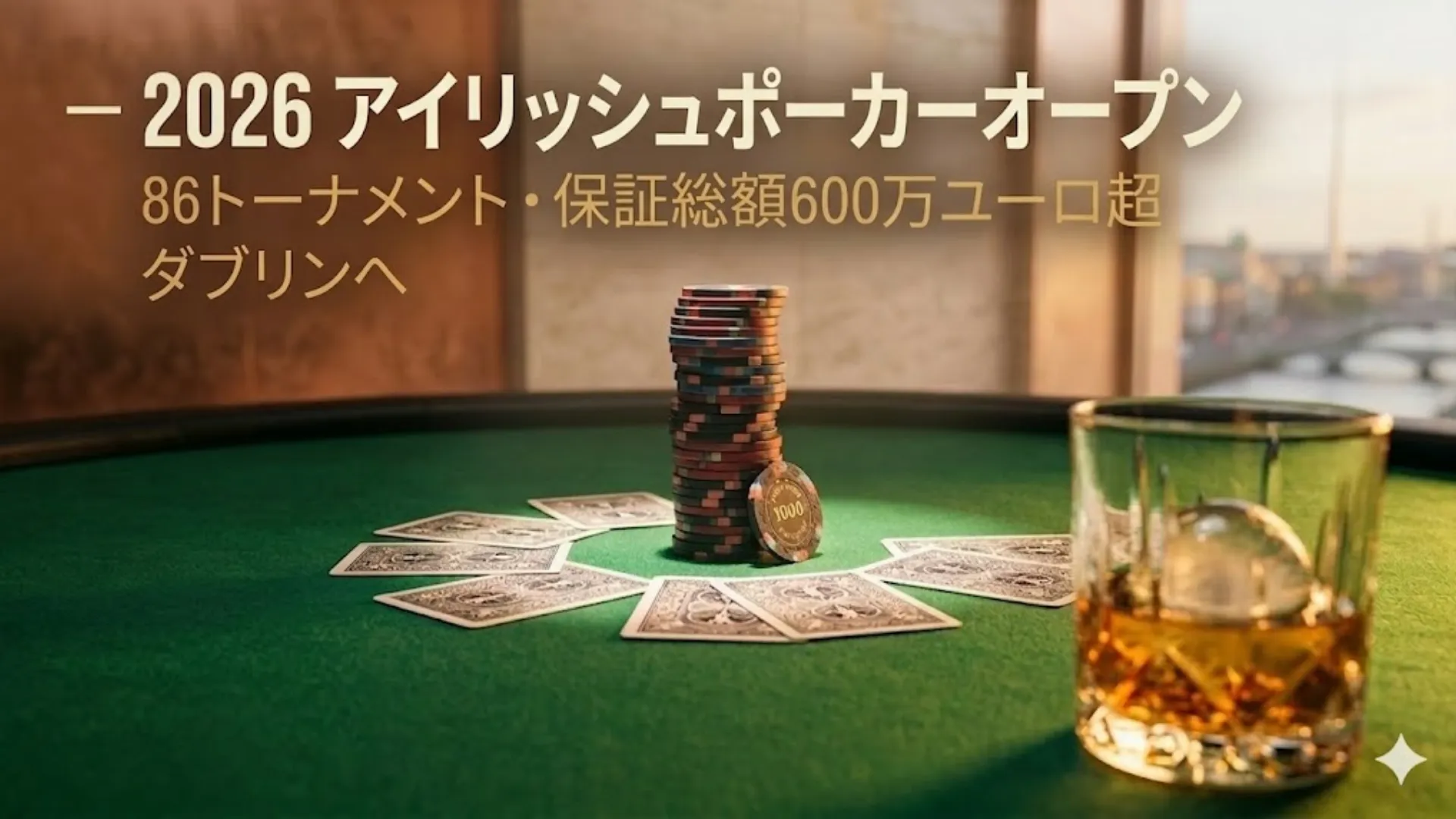 ダブリン2026アイリッシュポーカーオープンのプロモーション画像。グリーンフェルトのテーブルにチップ、トランプ、ウイスキーグラスが並び、総保証額600万ユーロ超えを訴求
