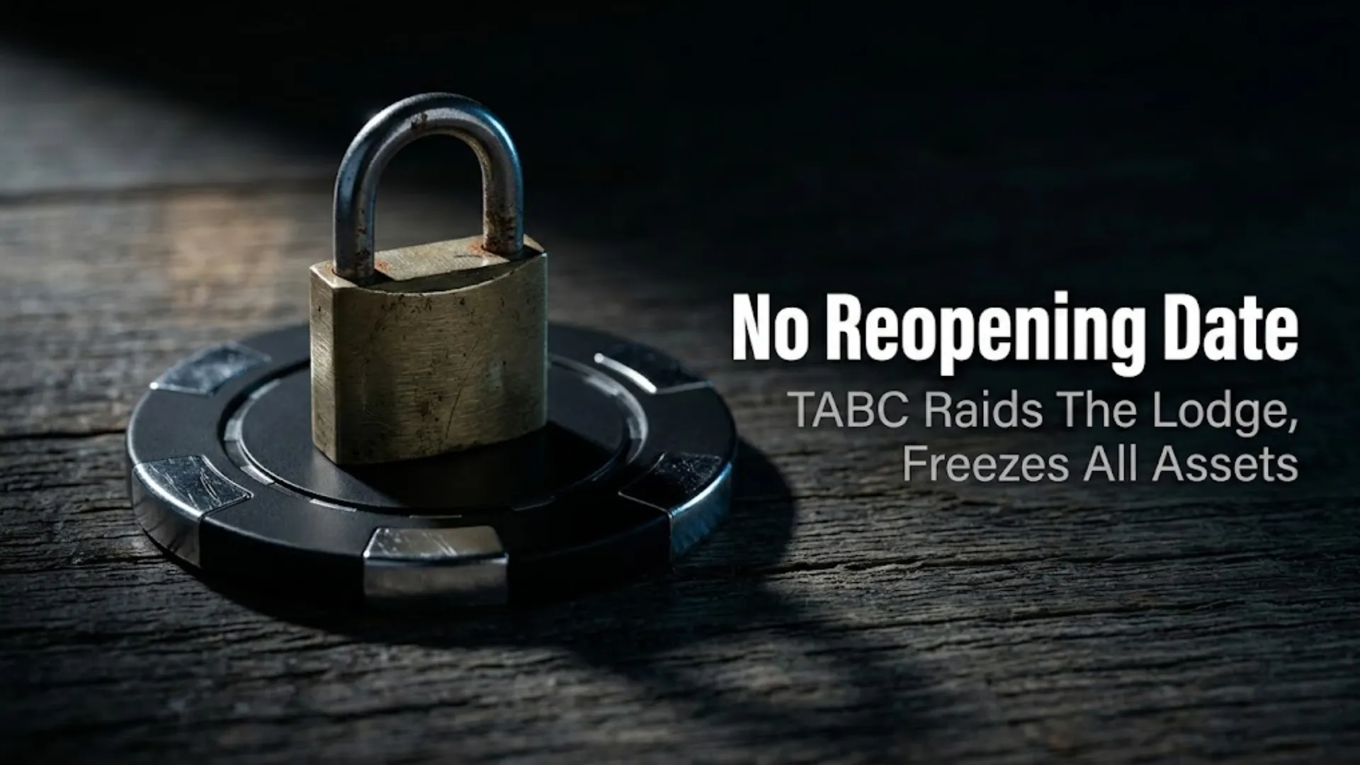 A brass padlock sitting on a black poker chip on a dark wooden table, symbolizing The Lodge Card Club asset freeze after TABC raid