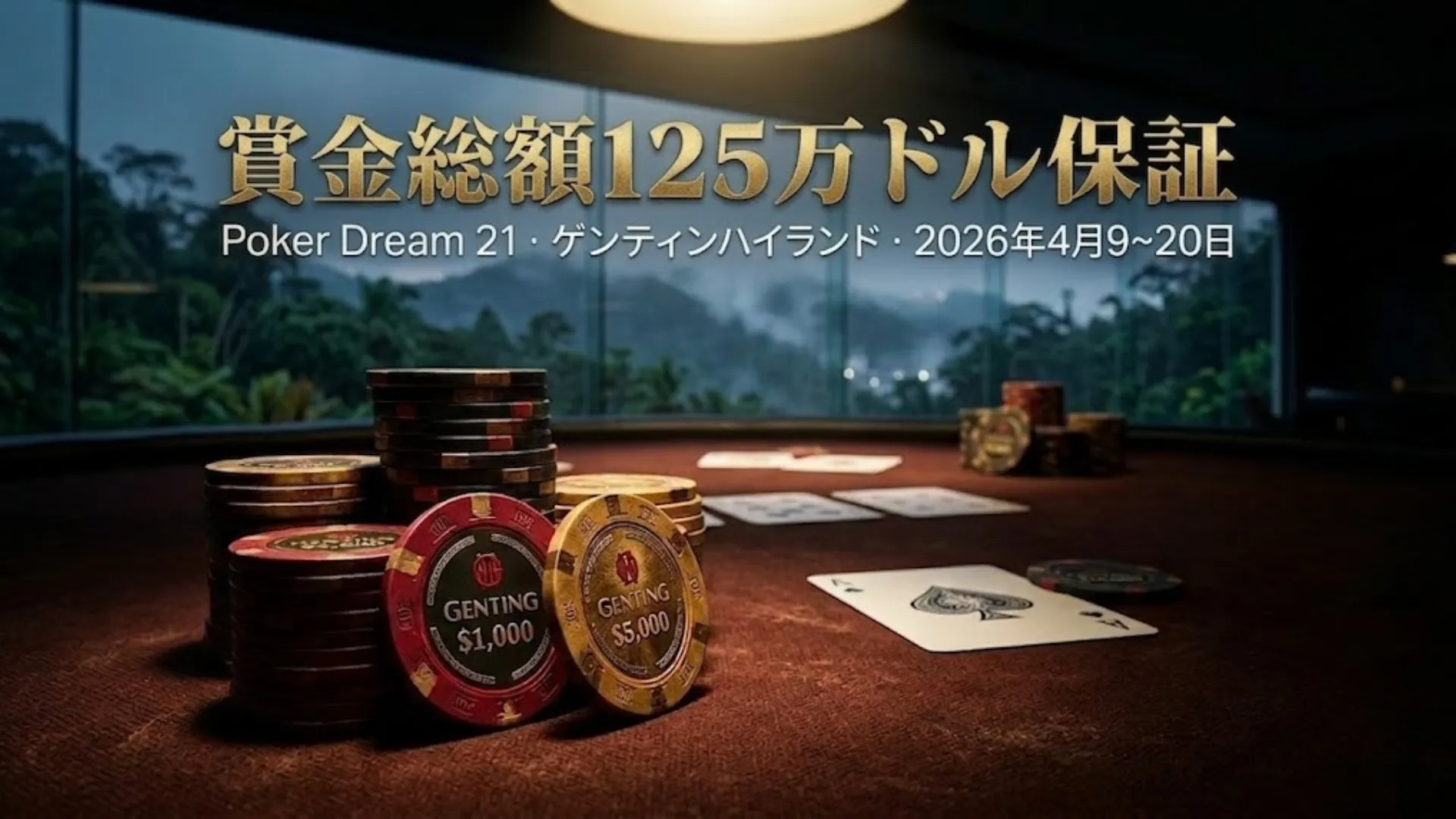ゲンティンブランドのポーカーチップがカジノテーブルに積まれ、トランプが散らばる。2026年4月9〜20日にゲンティンハイランドで開催されるPoker Dream 21、メインイベント125万ドル保証をPR