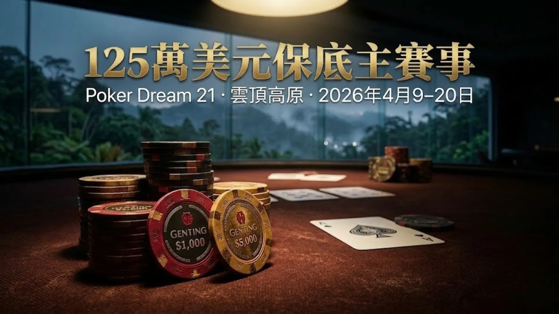 雲頂品牌撲克籌碼疊放於賭桌氈面，搭配撲克牌，宣傳2026年4月9至20日於雲頂高原舉行的Poker Dream 21，主賽事保底125萬美元