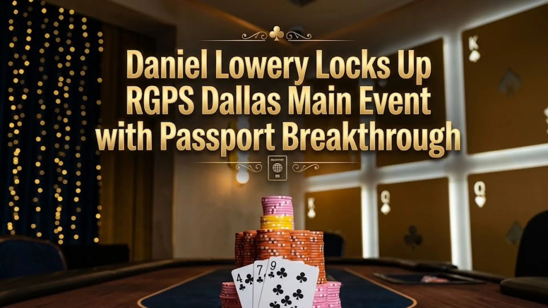 Poker chips stack with club cards on casino table, RGPS Dallas Main Event win and Passport qualification poker concept