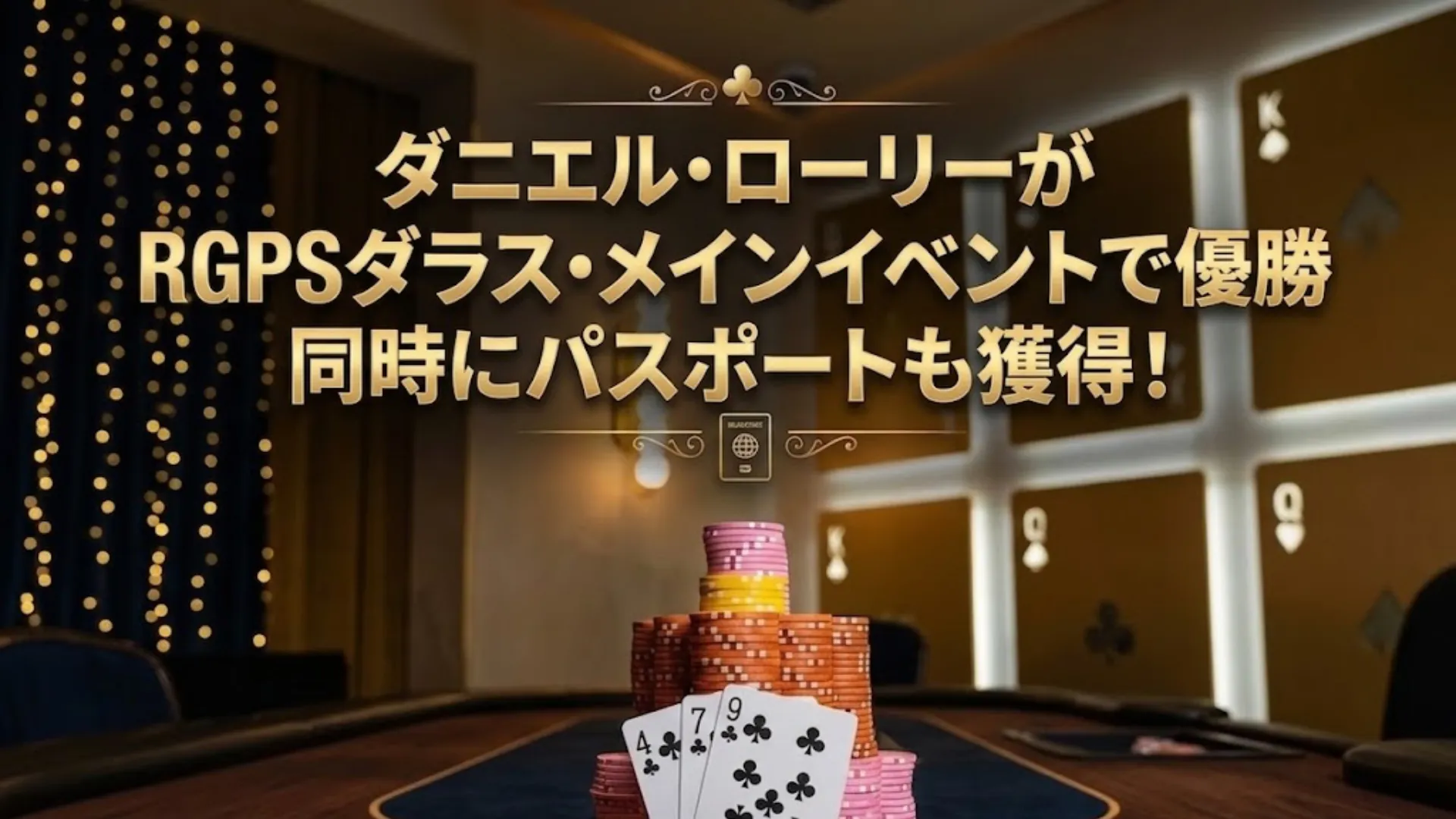 カジノテーブル上のチップとクラブカード構図、RGPSダラスメイン優勝とパスポート獲得のポーカーイメージ