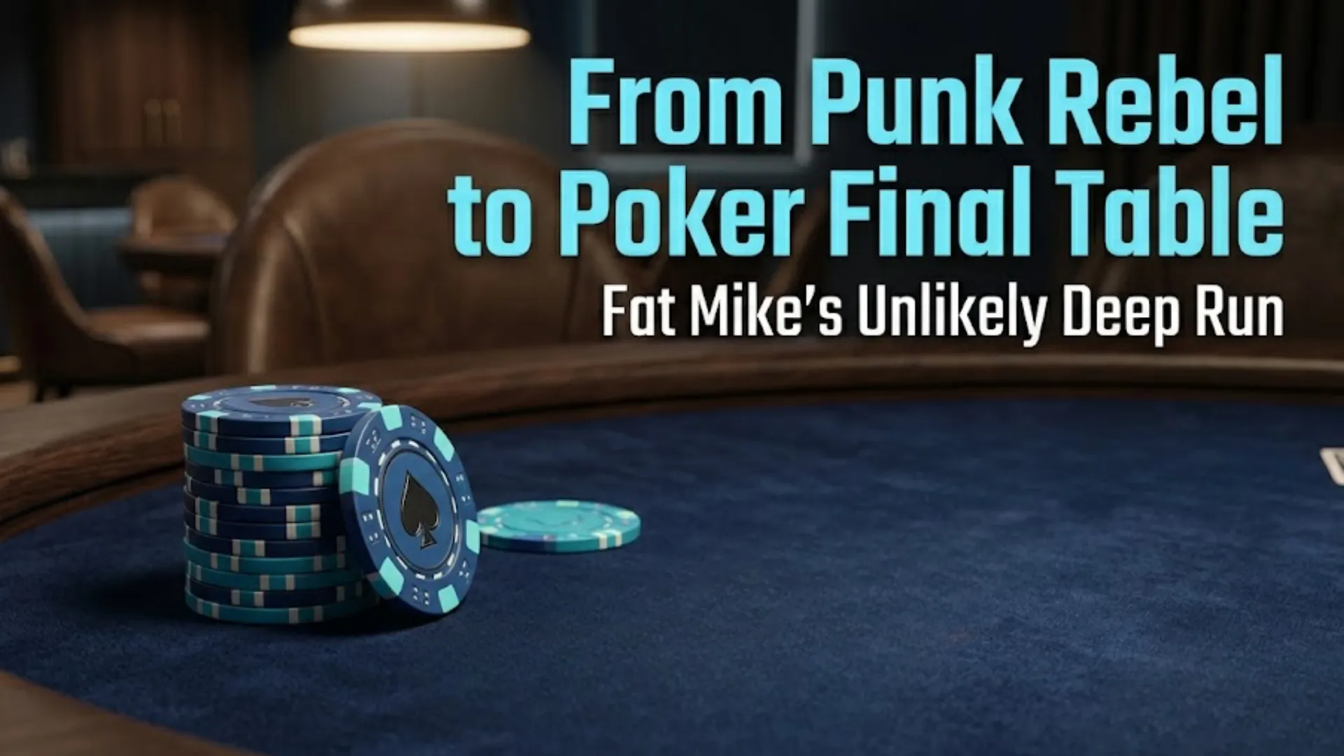 NOFX Fat Mike poker final table chips stack Las Vegas tournament scene blue felt table