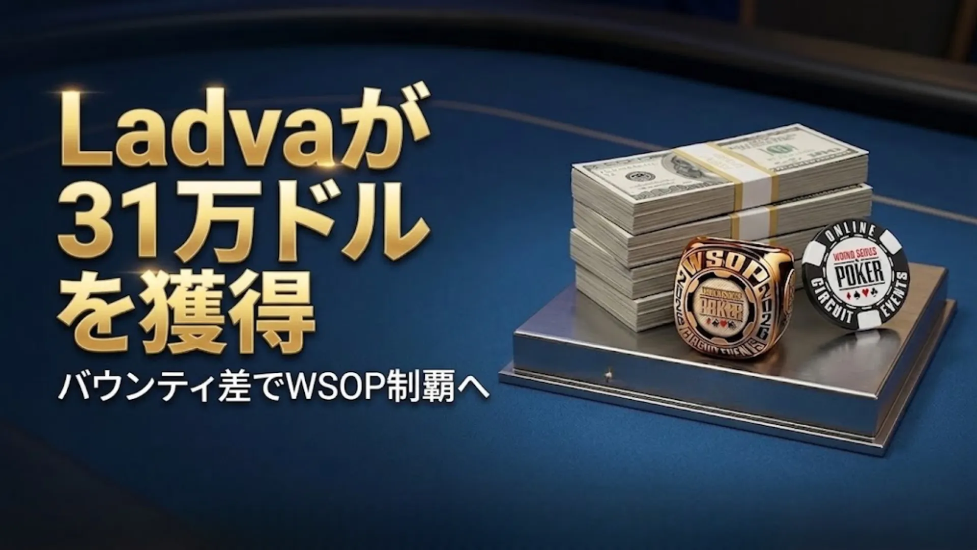 LadvaがWSOPサーキットのバウンティハイローラーで31万ドル獲得、現金の山とリングが並ぶ構圖