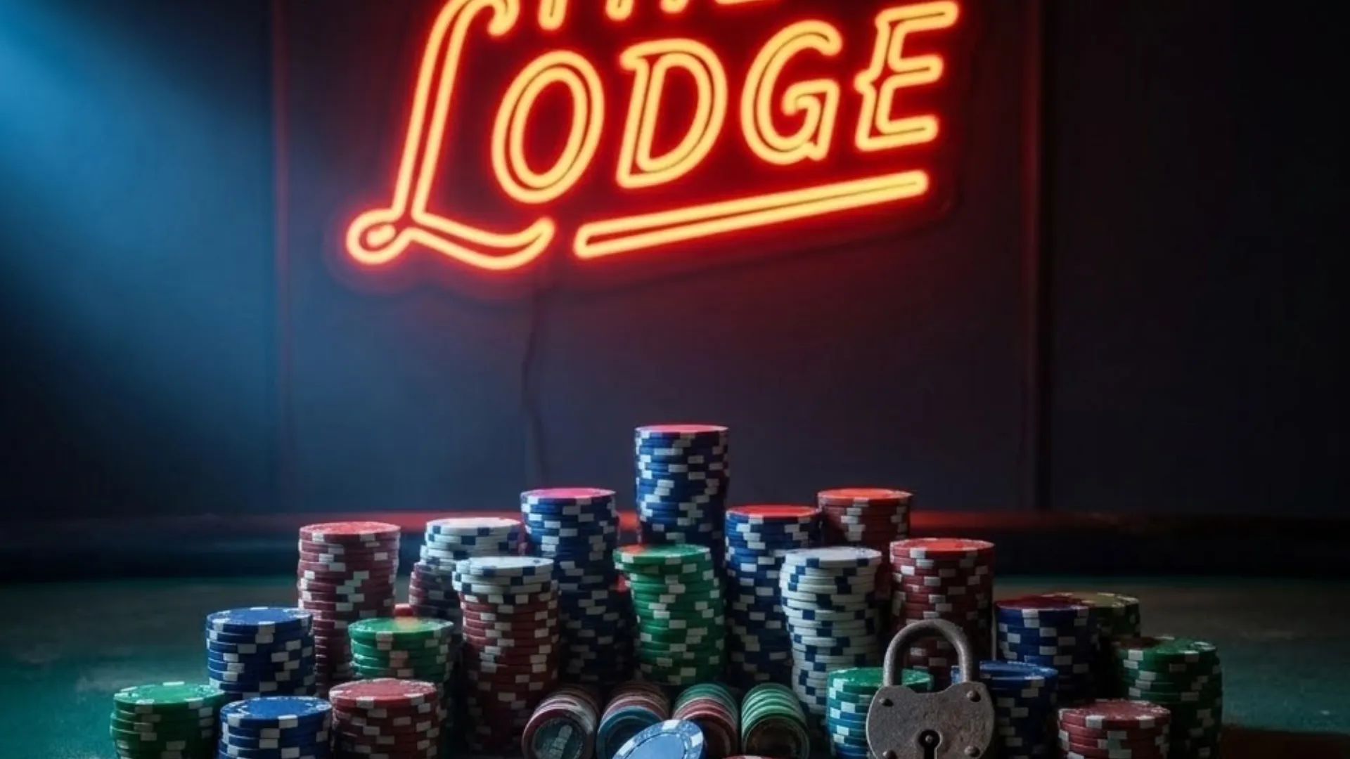 堆積如山的多色撲克籌碼和一個舊掛鎖，背景是“THE LODGE”紅色霓虹燈招牌的撲克桌。