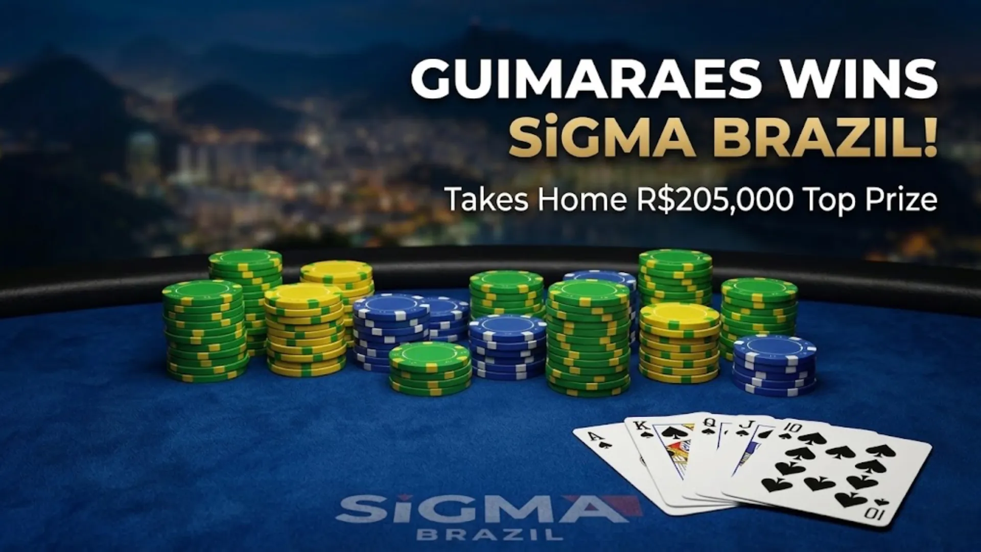 Poker table with chips and a hand celebrating Guimaraes's R$205,000 victory at the SiGMA Brazil tournament by PokerOffer.