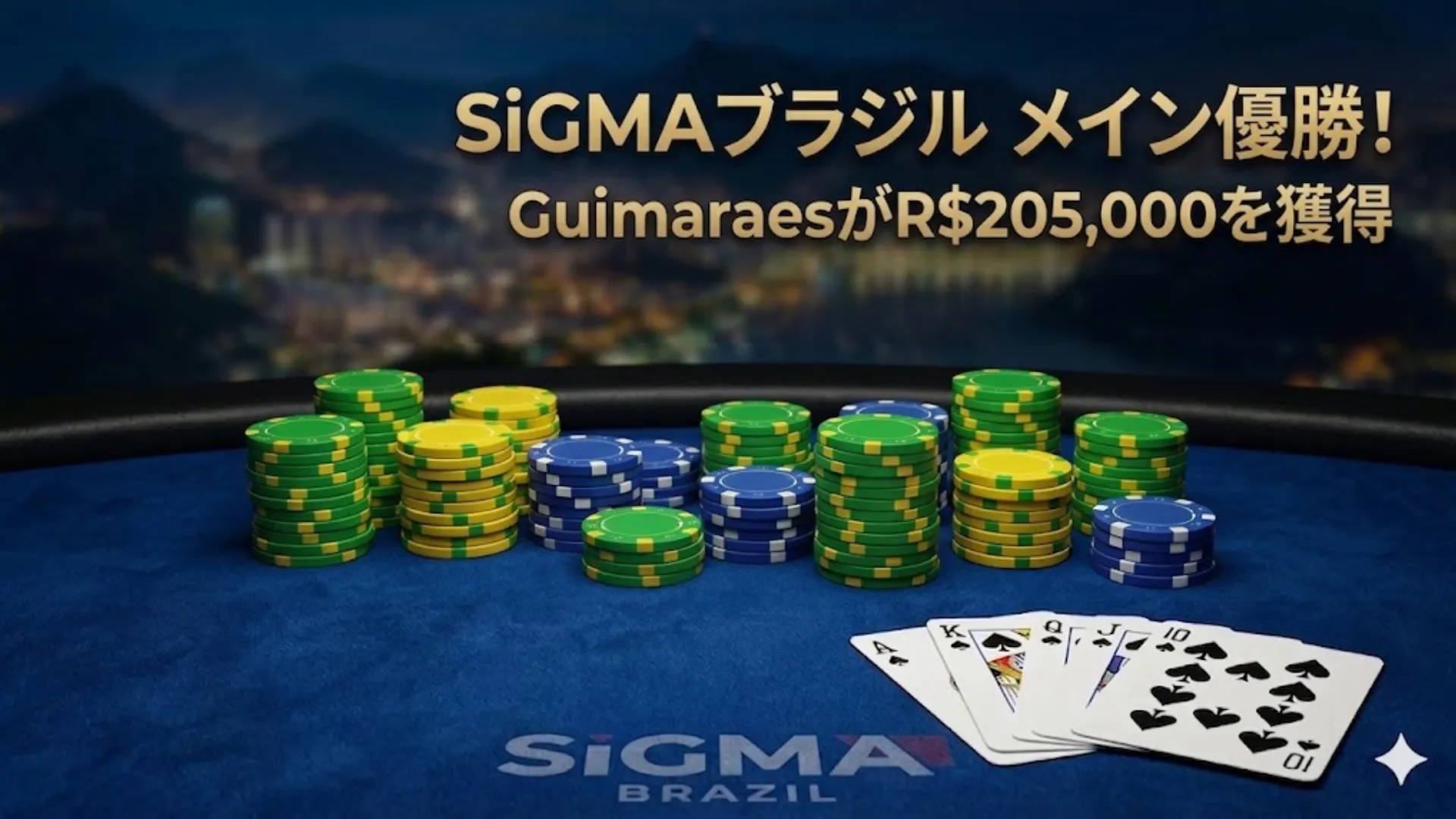 PokerOfferが提供するSiGMAブラジルトーナメントで、GuimaraesがR$205,000を獲得したことを祝うポーカーテーブル、チップ。