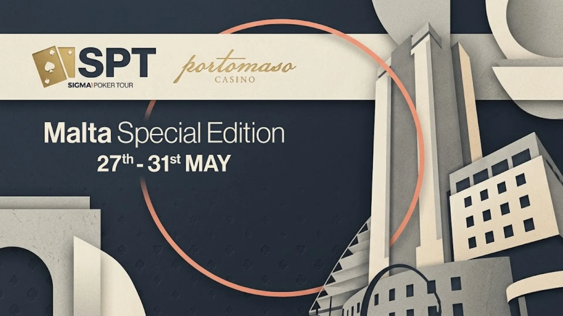 Paper-cut art poster for SPT Sigma Poker Tour Malta Special Edition at Portomaso Casino, featuring architectural paper layers and poker suit patterns.