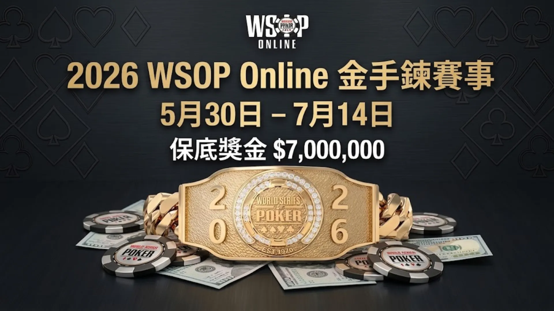 2026年WSOP線上金手鍊賽程宣傳圖，包含金手鍊、籌碼與700萬美元保底資訊