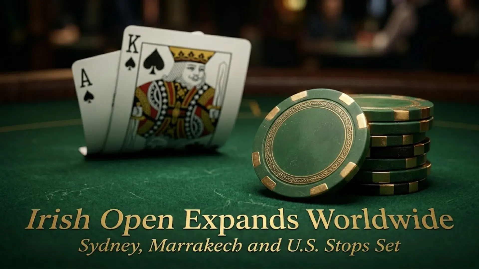 Irish Open global expansion cover with poker chips and Ace King cards showing Sydney, Marrakech and USA stops