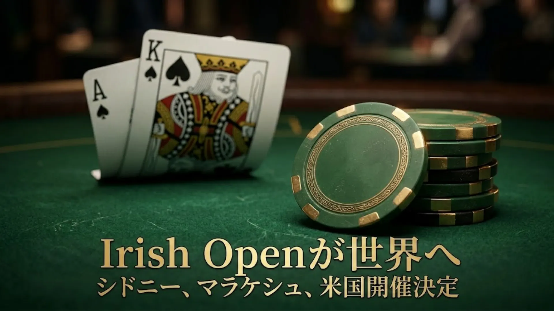 Irish Open海外展開のカバー画像、ポーカーチップとAKカードでシドニー・マラケシュ・米国開催を表現