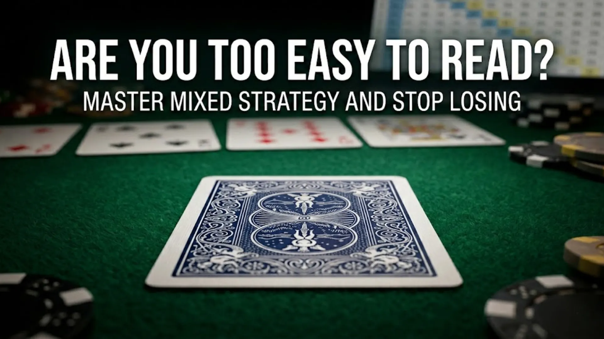 Face-down playing card and casino chips on a green felt table, representing GTO mixed strategy and unexploitable poker decisions to stop predictable play.