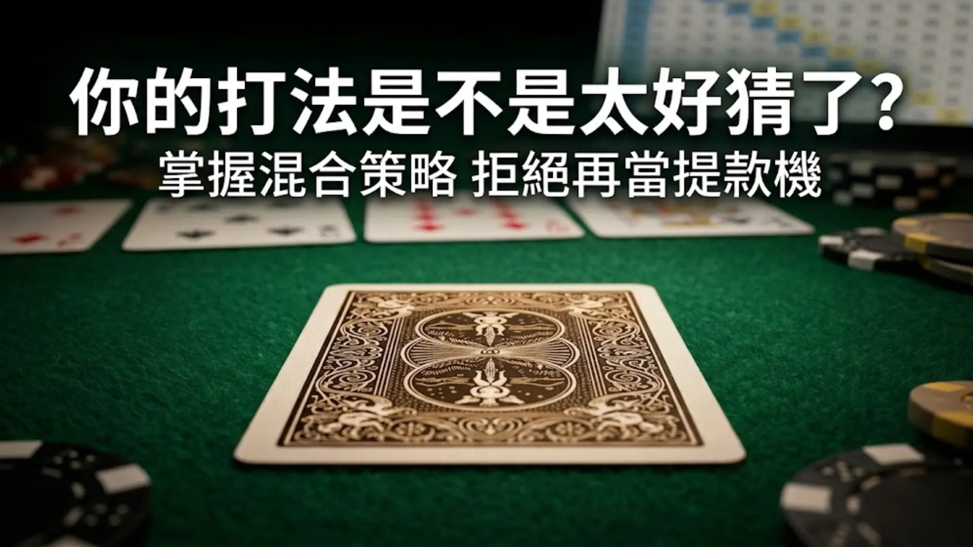 綠色德州撲克牌桌上的蓋牌與賭場籌碼，象徵GTO混合策略與不可剝削的撲克決策，防止打法被對手看透。