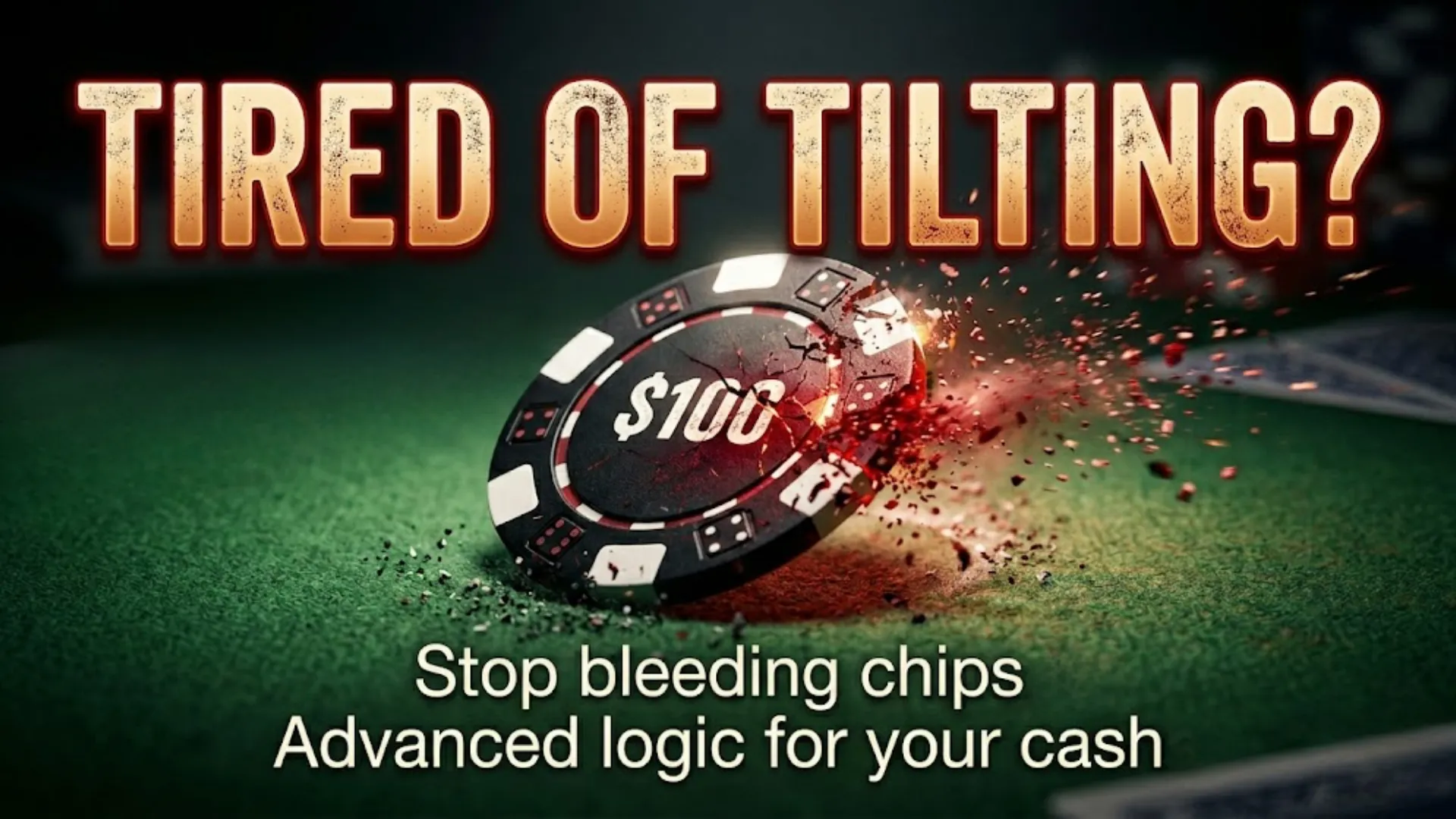 A single $100 black poker chip is exploding on a green felt poker table, illustrating a catastrophic failure of a player's emotional state during a poker mental game breakdown.