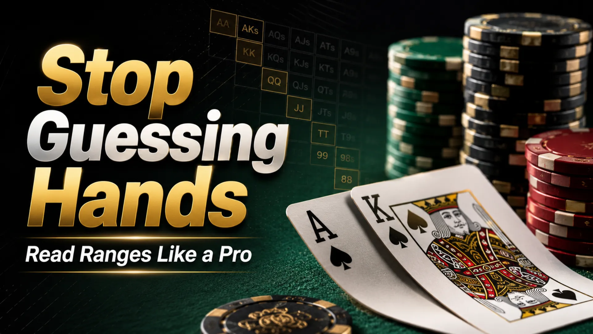 Poker hand reading cover image with poker chips, spade cards, and range chart teaching players to stop guessing hands and read opponent ranges.