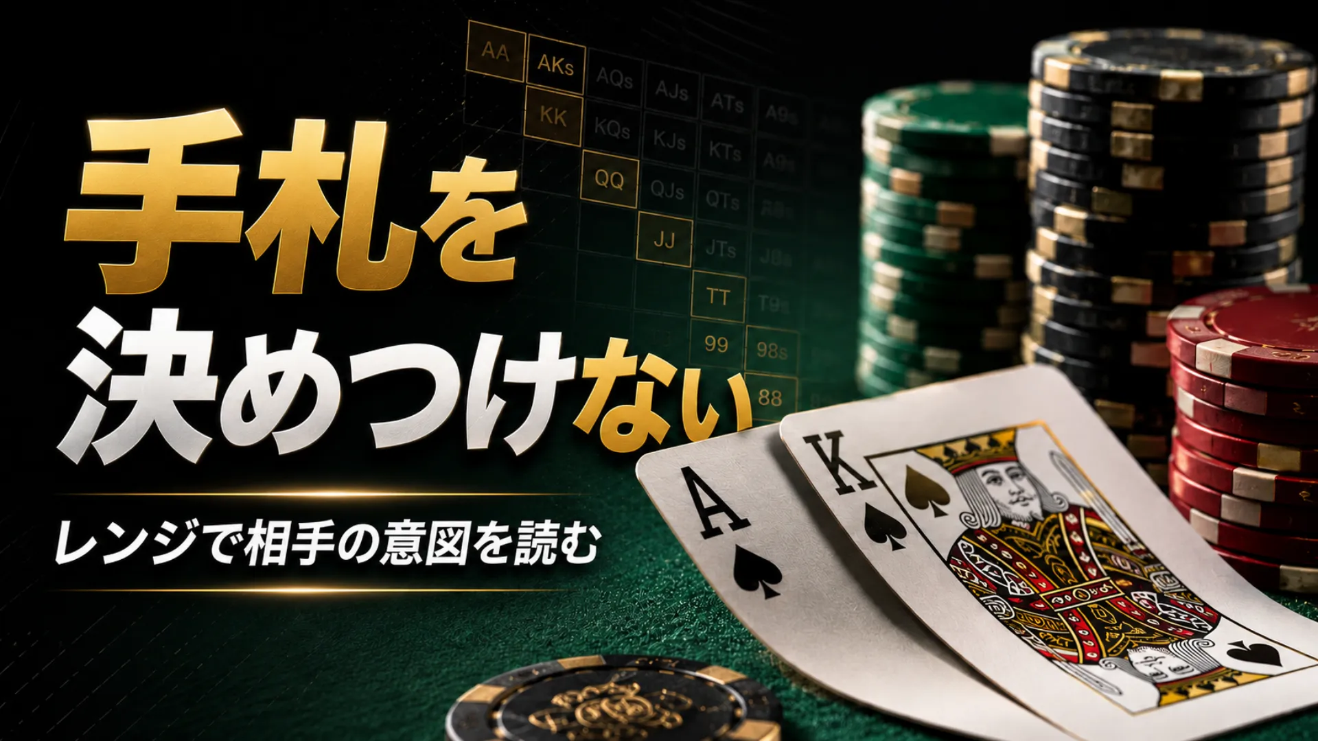 ポーカーのハンドリーディング解説用カバー画像。チップ、スペードのカード、レンジ表を使い、相手のレンジを読む考え方を表現。