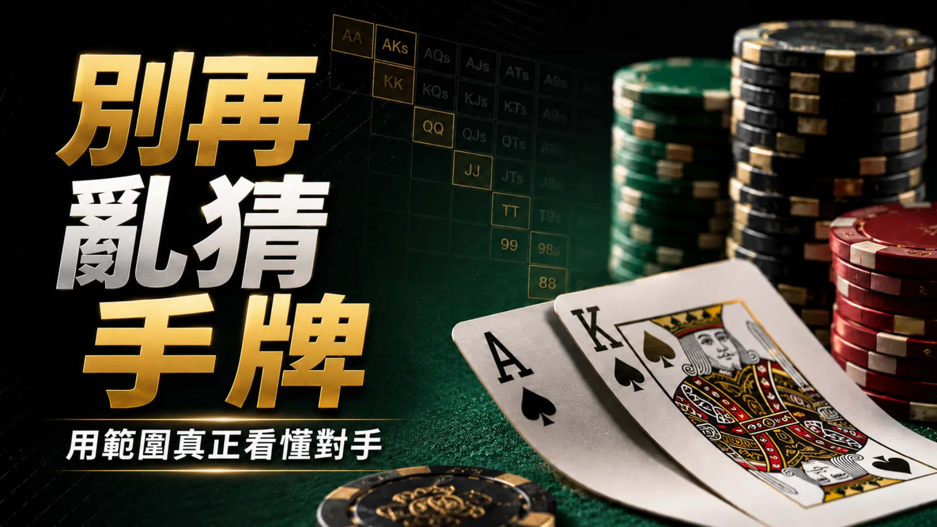 德州撲克讀牌封面圖，包含籌碼、黑桃手牌與範圍表，呈現用範圍判斷對手手牌的策略教學。