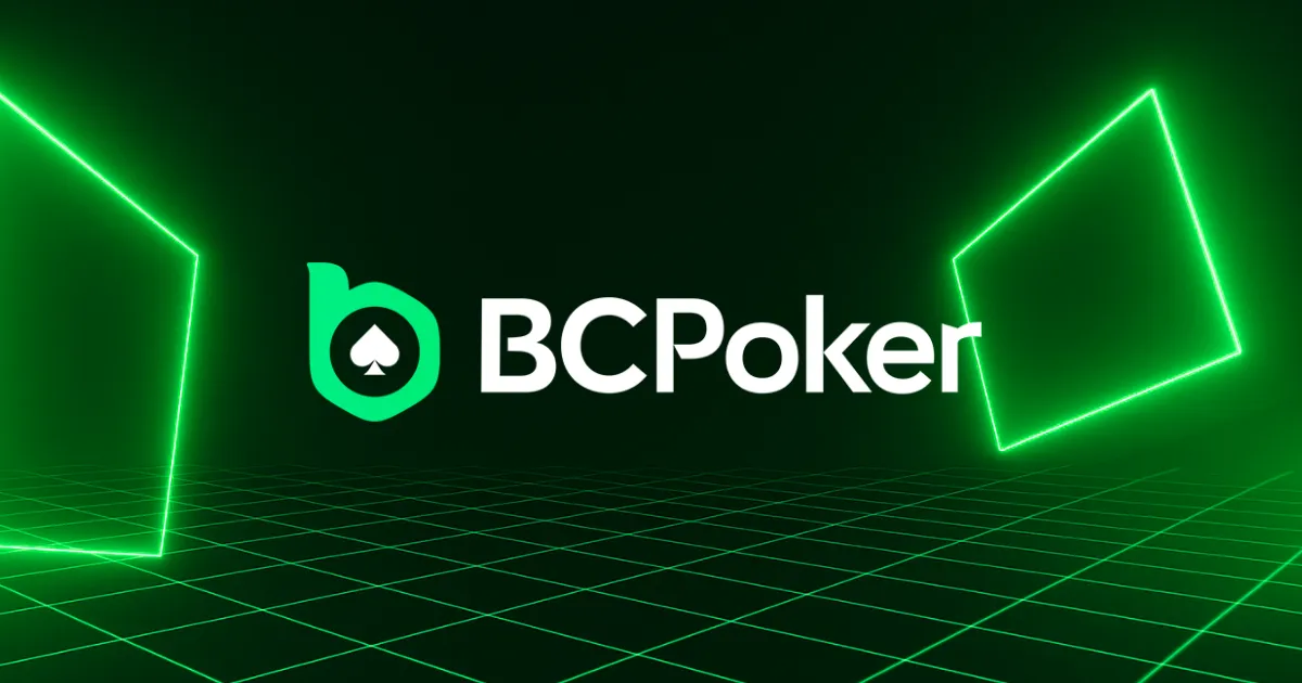 BCPoker logo on a green neon poker-themed background for the BCPoker review 2026