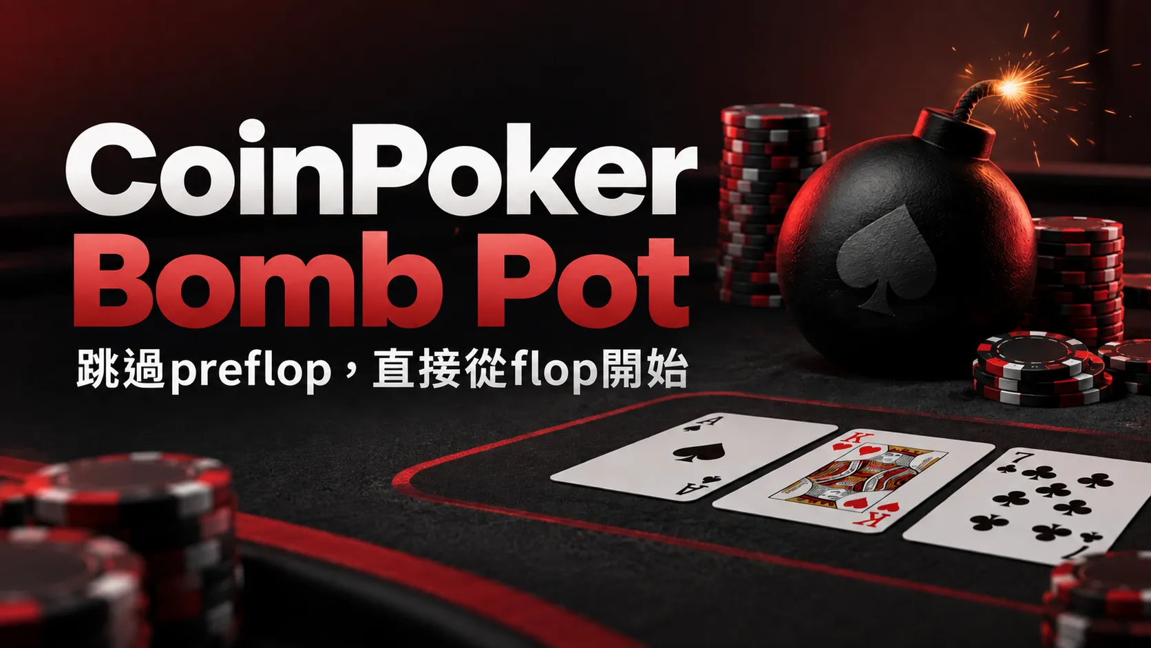 CoinPoker Bomb Pot繁中封面圖，以引燃的炸彈、撲克籌碼與A-K-7 flop呈現「跳過preflop，直接從flop開始」的玩法重點。