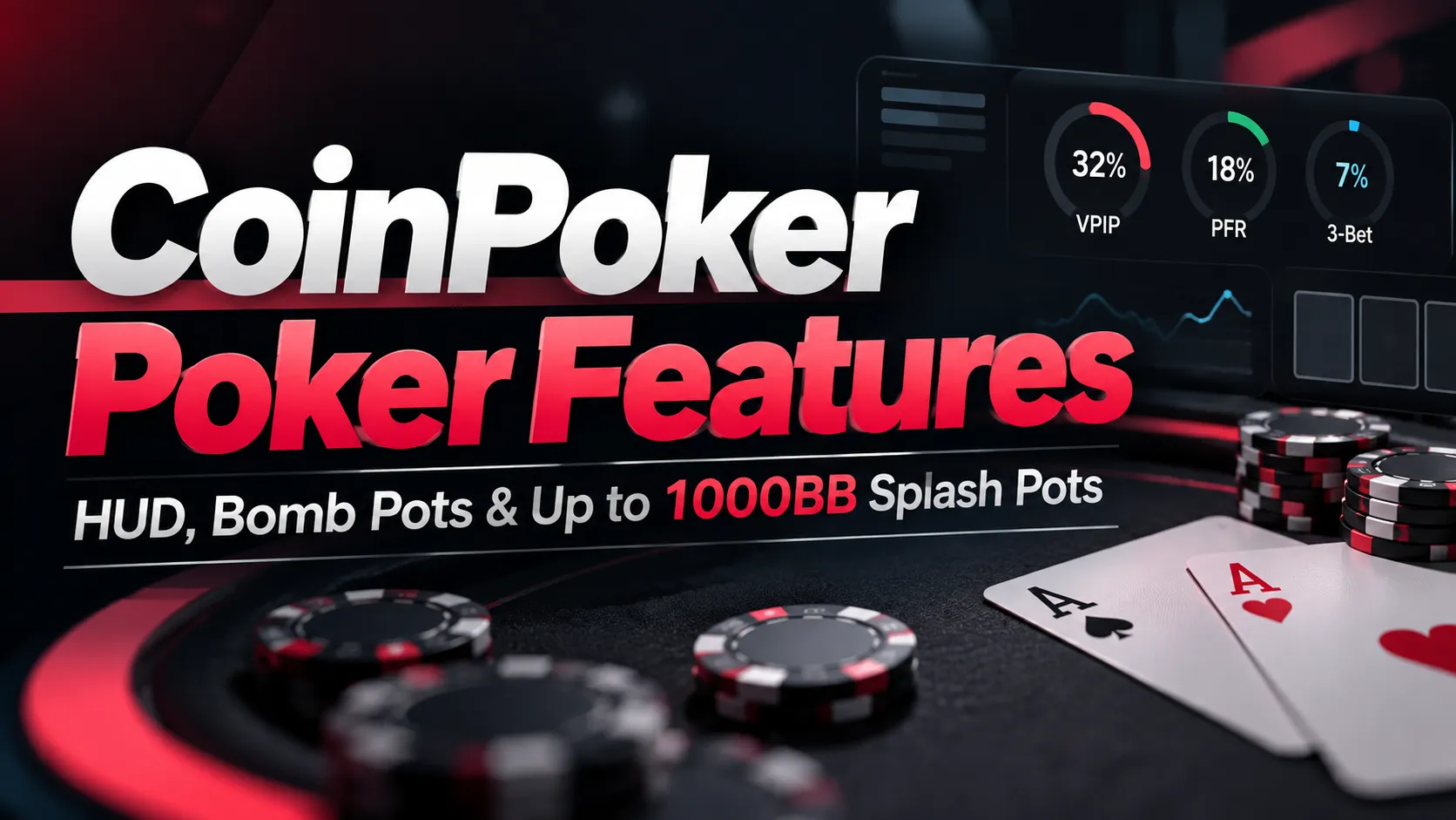 CoinPoker poker features cover showing HUD stats, poker chips and cards with Bomb Pots and Splash Pots up to 1000BB
