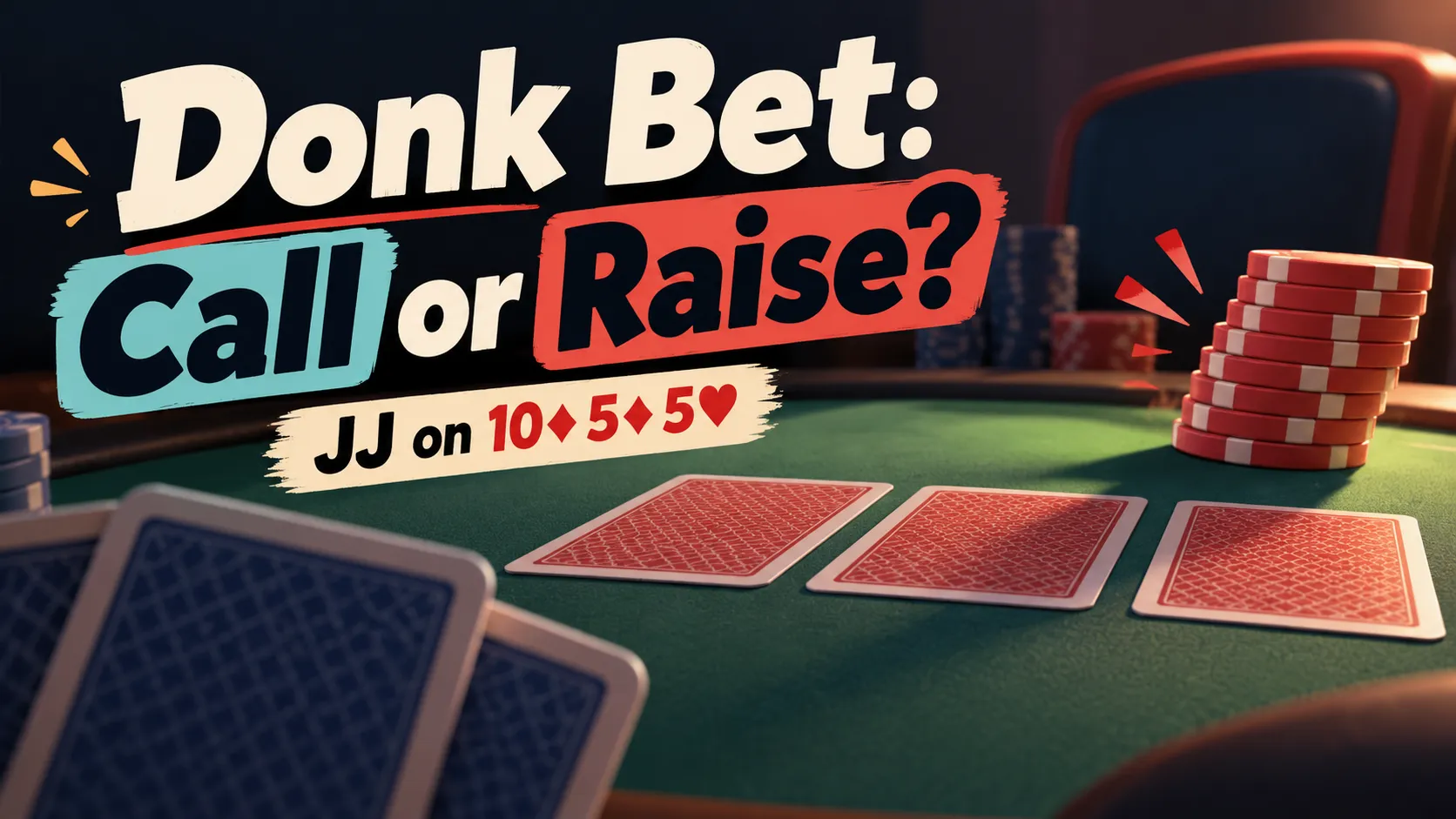 Donk bet poker strategy cover with face-down cards and chip stacks on a green poker table. Text reads “Donk Bet: Call or Raise?” and “JJ on 10♦5♦5♥.”