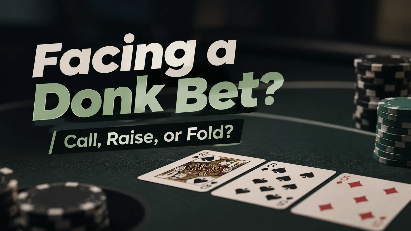 Dark green poker table with Q♠, 8♠ and 5♦ cards, chip stacks and a Facing a Donk Bet? strategy headline.