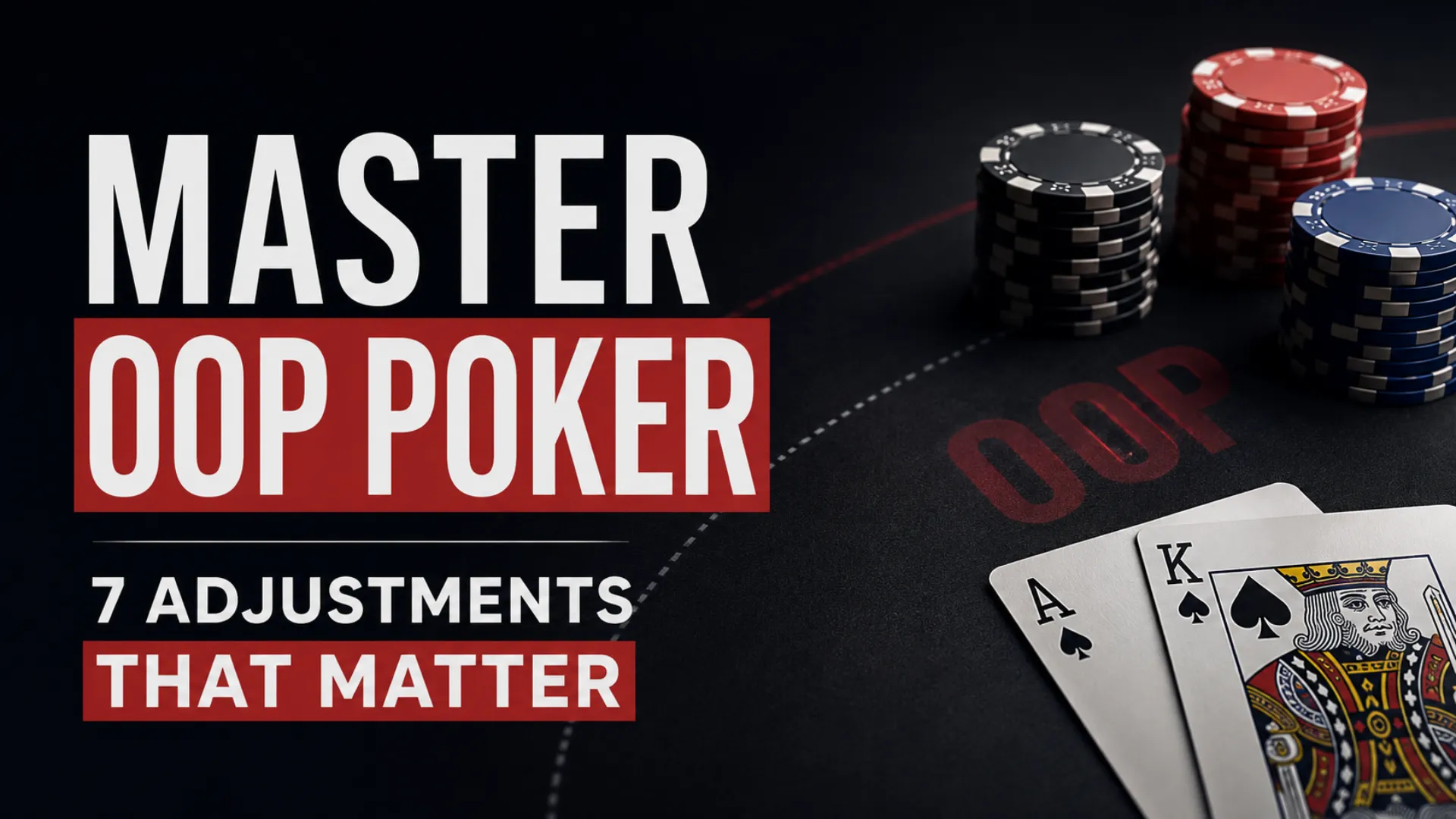 Dark poker strategy cover showing OOP poker concepts with stacked chips, playing cards, and the headline “Master OOP Poker – 7 Adjustments That Matter.”
