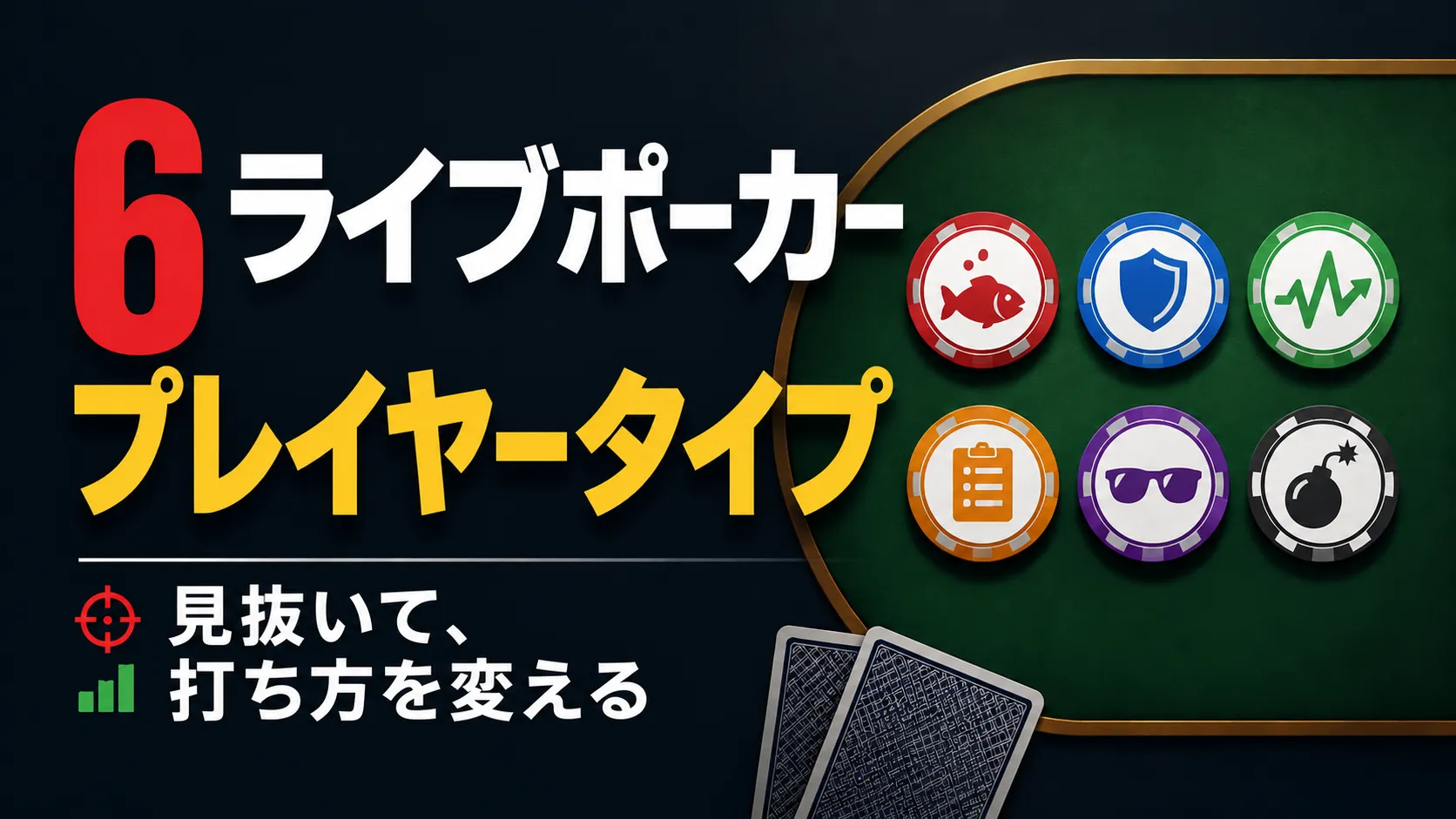 ライブポーカー プレイヤータイプを表す6種類のアイコン付きポーカーチップを配置した戦略記事のカバー画像