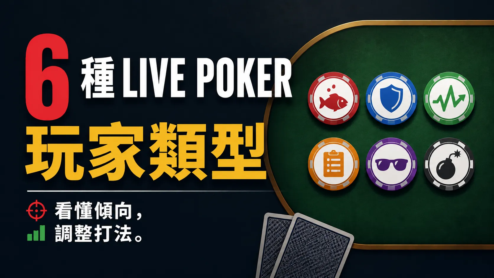 Live Poker 玩家類型封面圖，以 6 枚不同圖示的撲克籌碼呈現 6 種常見對手類型