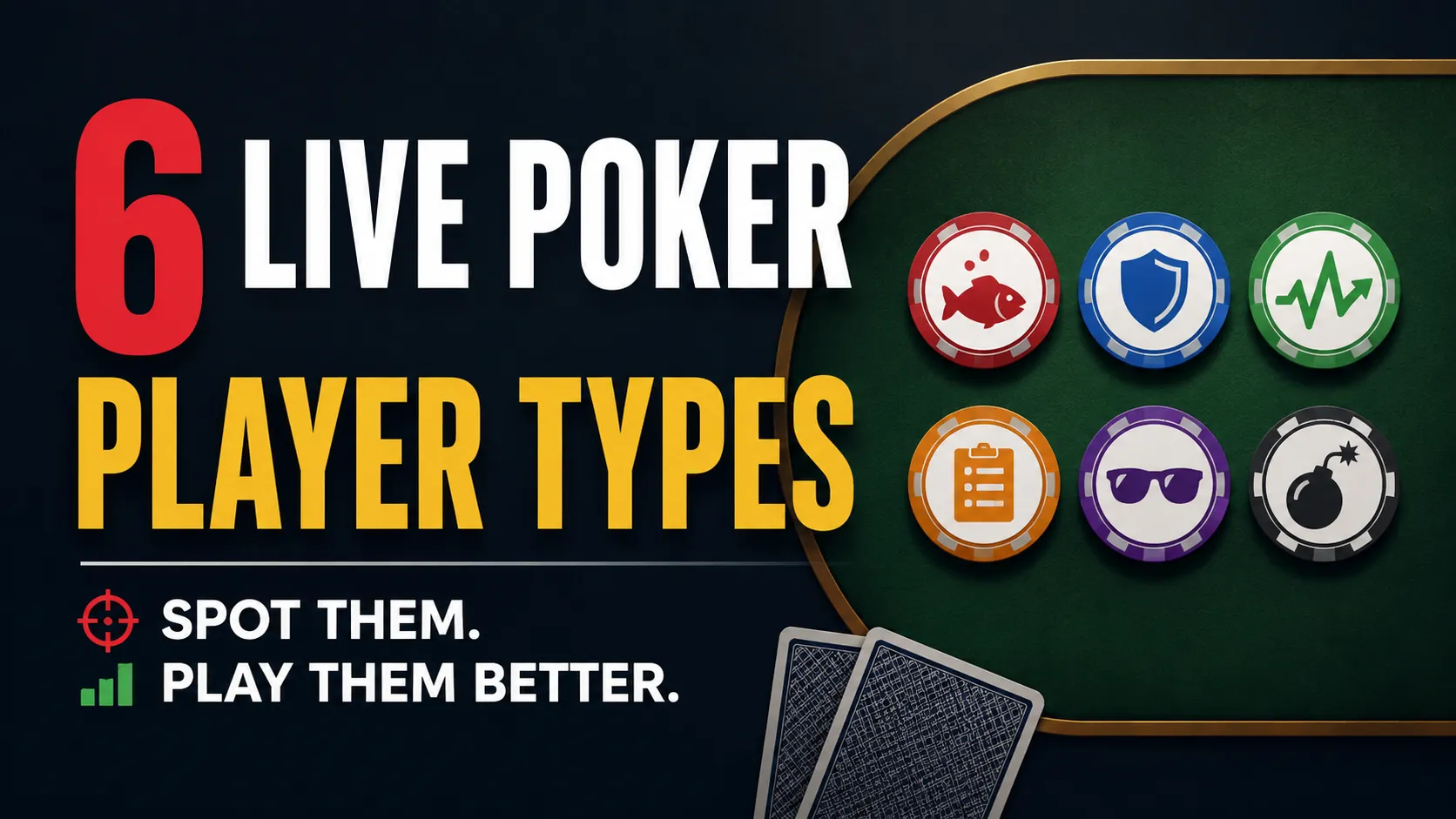 Poker strategy cover showing 6 Live Poker Player Types with six illustrated poker chips representing different opponent profiles