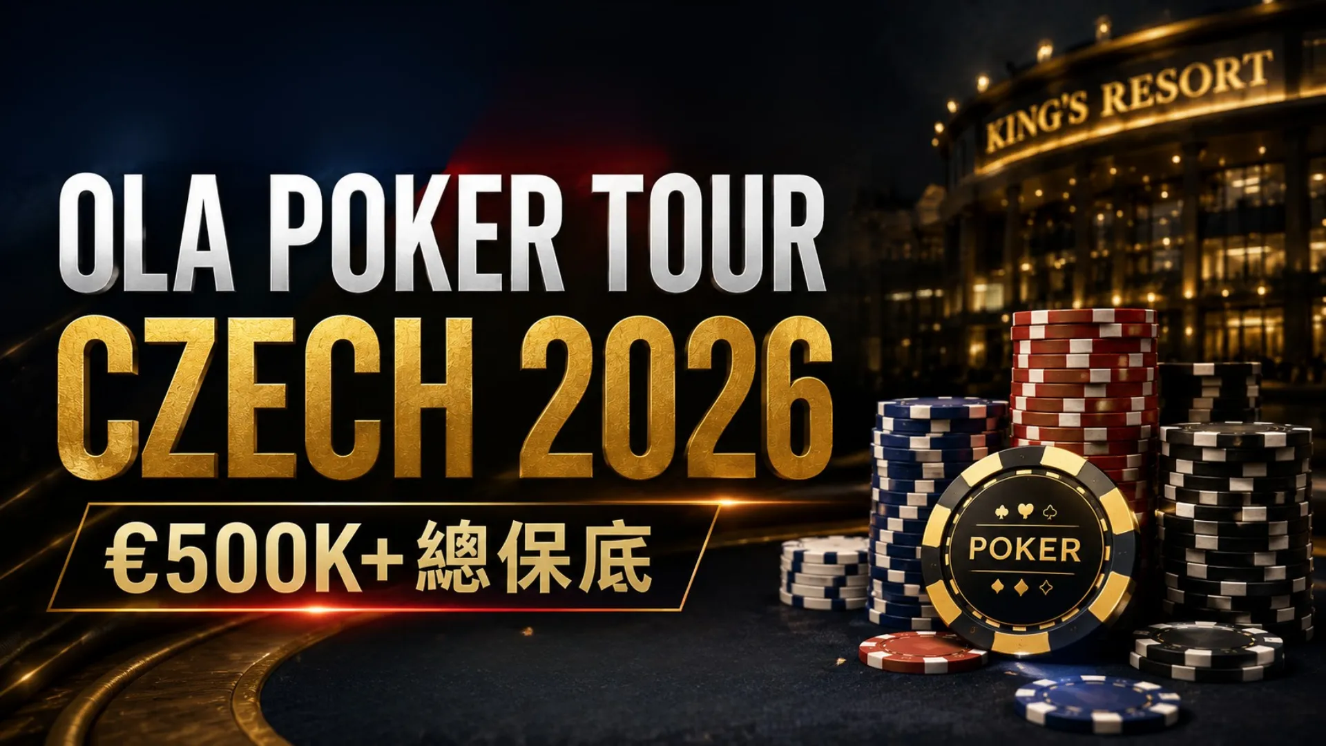 OLA Poker Tour Czech 2026封面圖，以深色賭場背景、撲克籌碼與King’s Resort字樣呈現€500K+總保底資訊