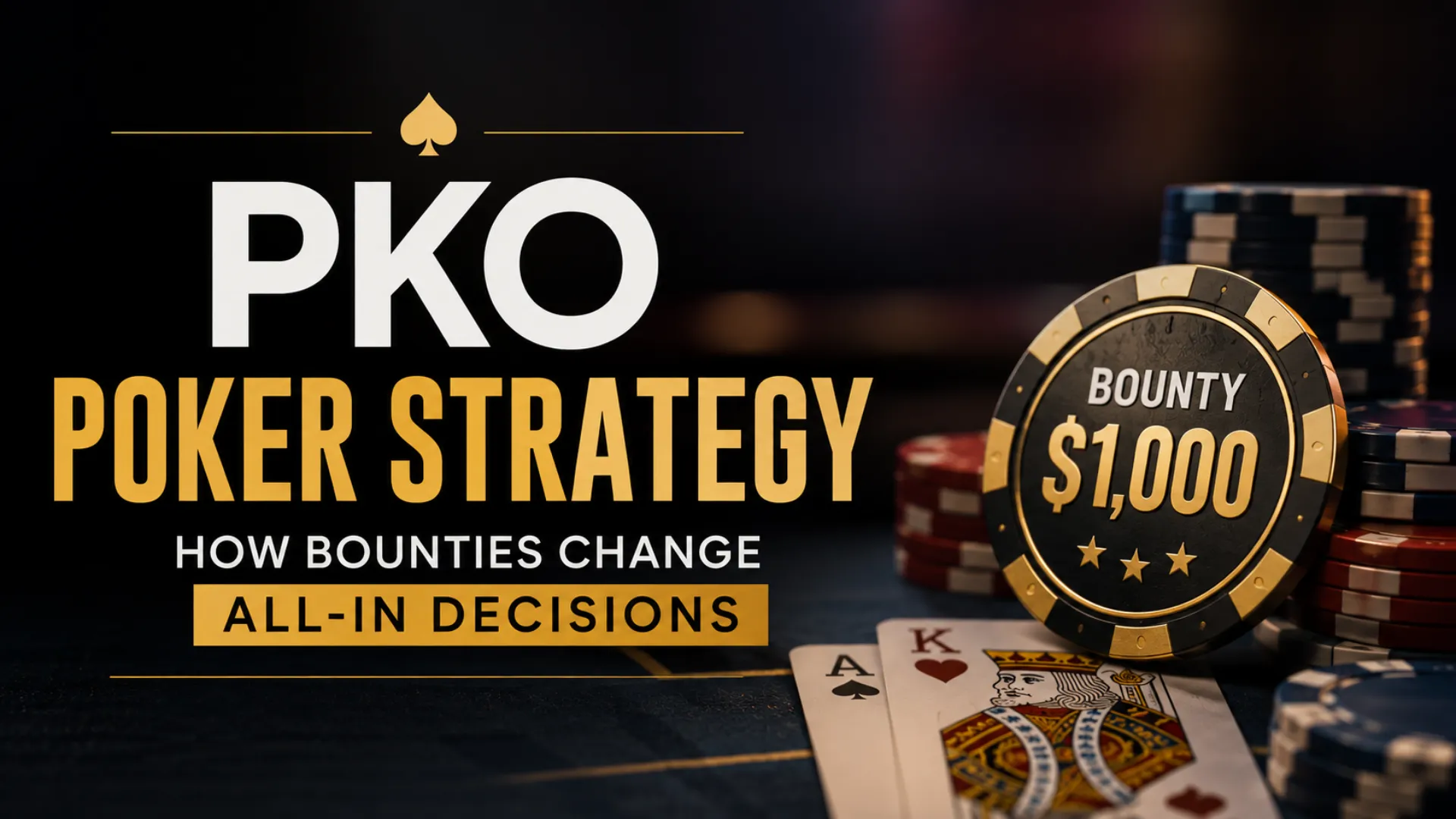 PKO poker strategy cover featuring a BOUNTY $1,000 chip, poker chips and playing cards, highlighting how bounties affect all-in decisions