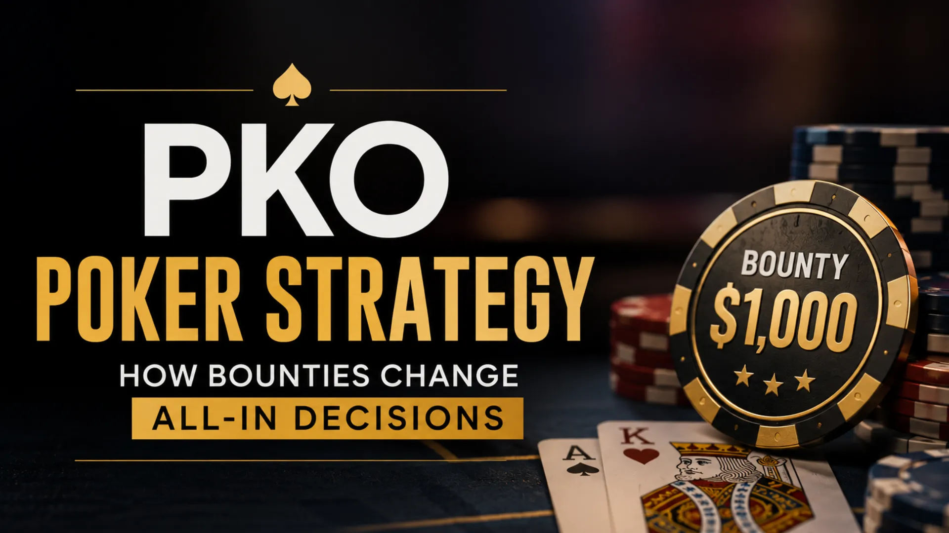 PKO poker strategy cover featuring a BOUNTY $1,000 chip, poker chips and playing cards, highlighting how bounties affect all-in decisions